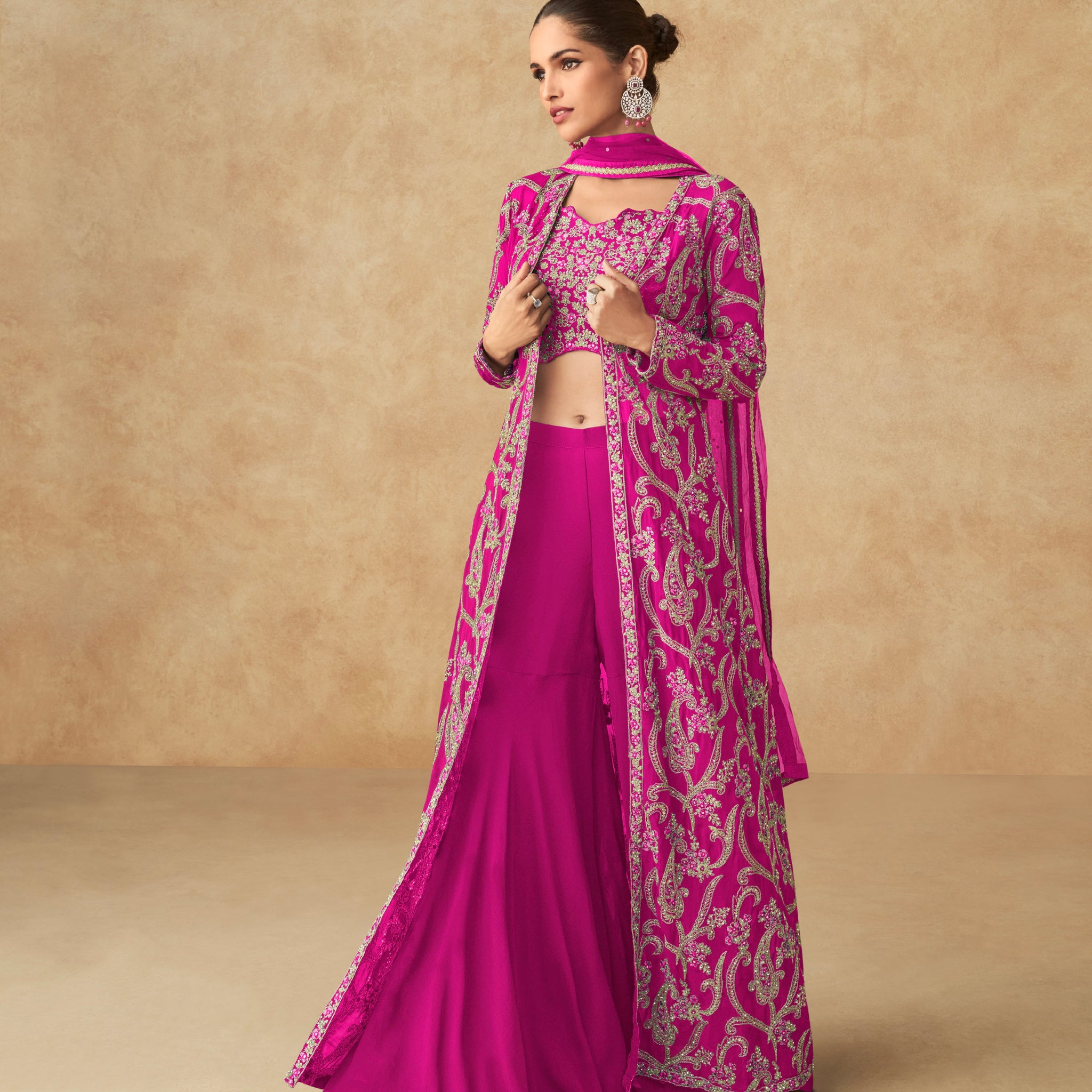 Pink Embroidered Georgette Palazzo Set with Butterfly Net Dupatta