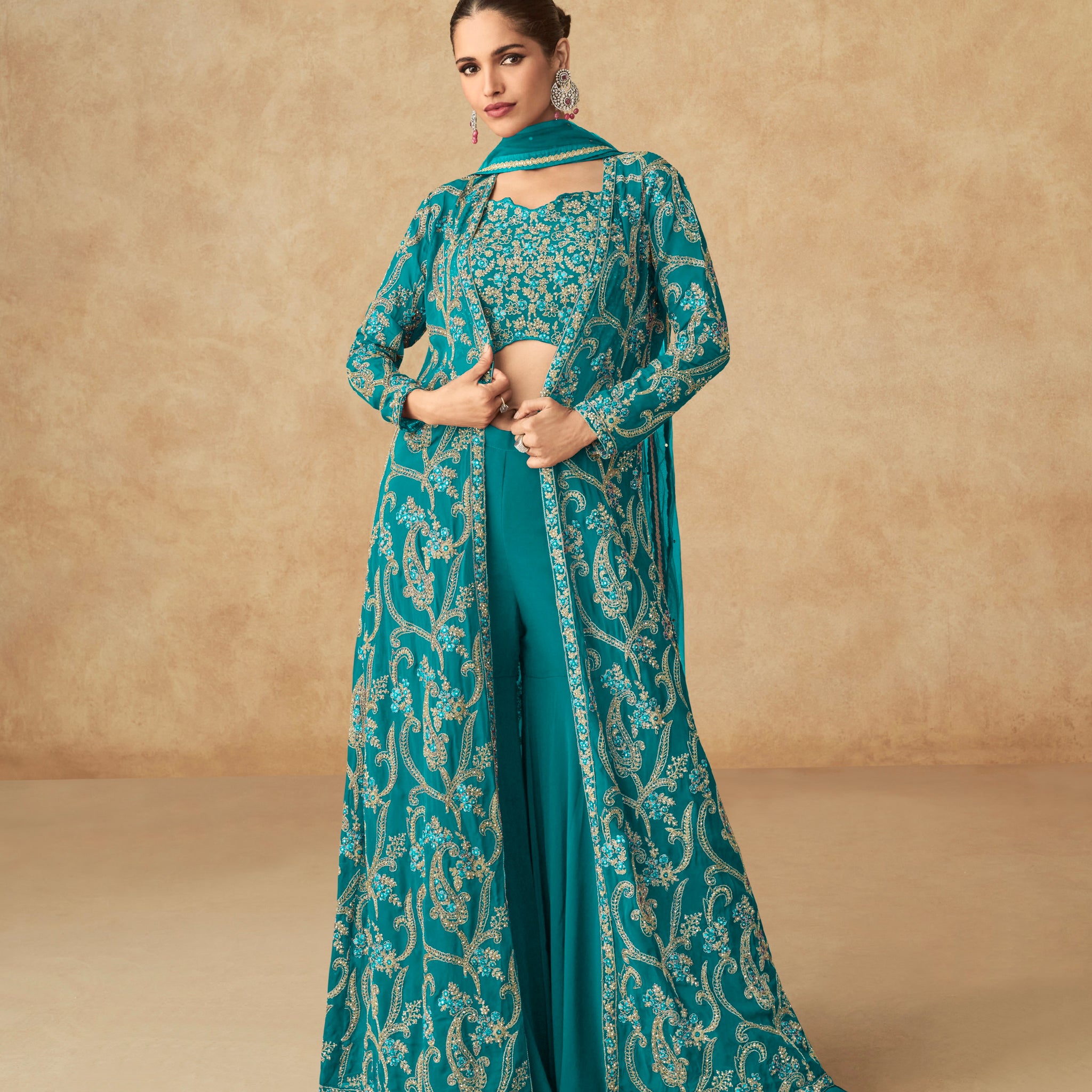 Turquoise Embroidered Georgette Palazzo Set with Butterfly Net Dupatta