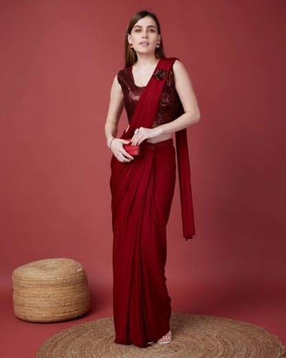 Red Colour Ready-to-Wear Saree with Embroidered Sequence Designer Blouse