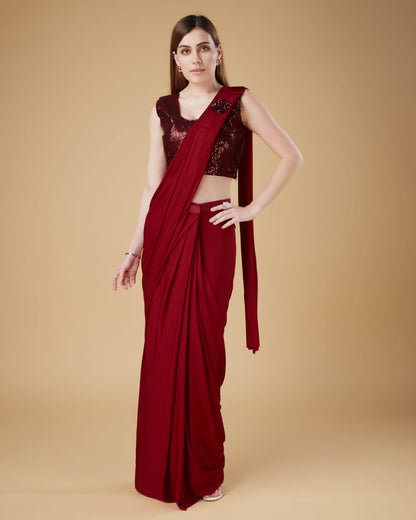 Red Colour Ready-to-Wear Saree with Embroidered Sequence Designer Blouse