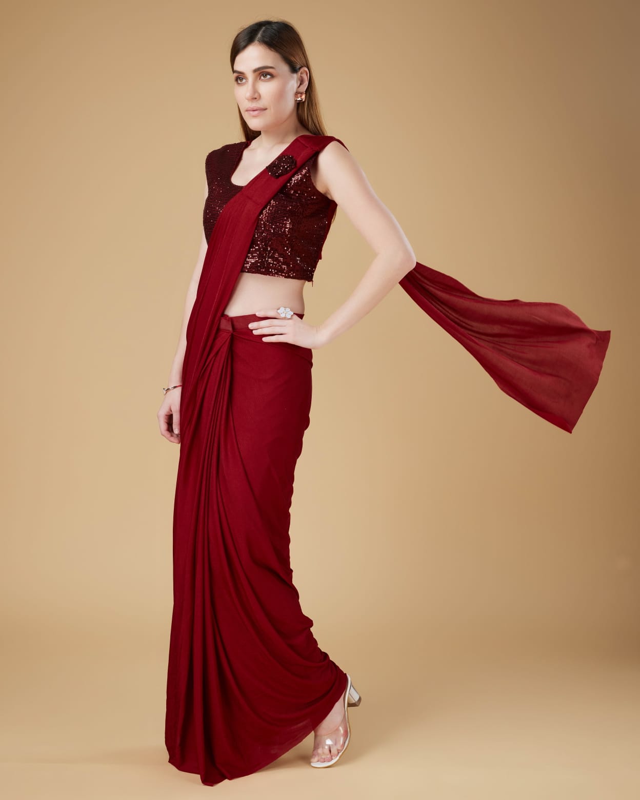 Red Colour Ready-to-Wear Saree with Embroidered Sequence Designer Blouse