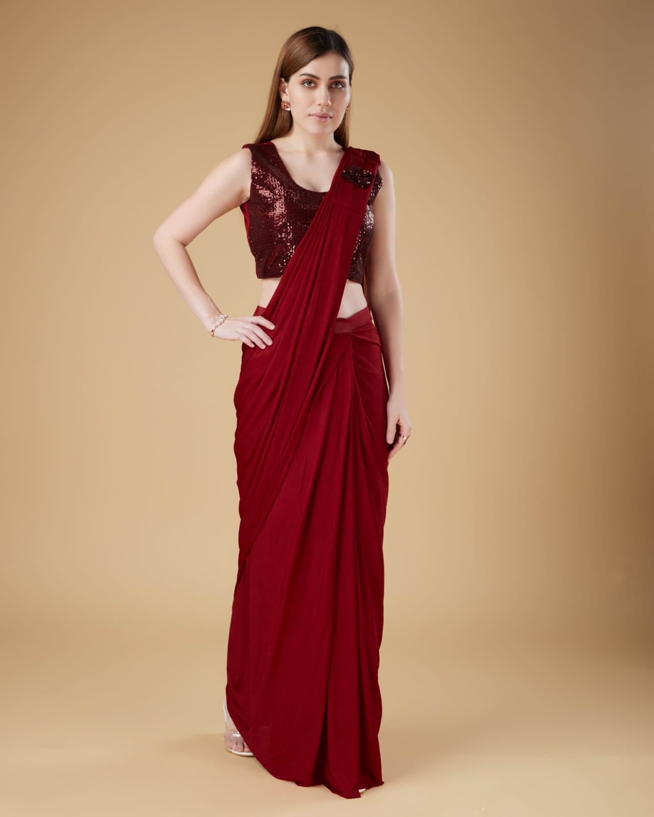 Red Colour Ready-to-Wear Saree with Embroidered Sequence Designer Blouse