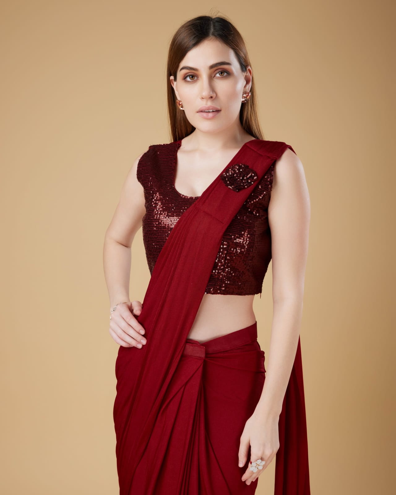 Red Colour Ready-to-Wear Saree with Embroidered Sequence Designer Blouse