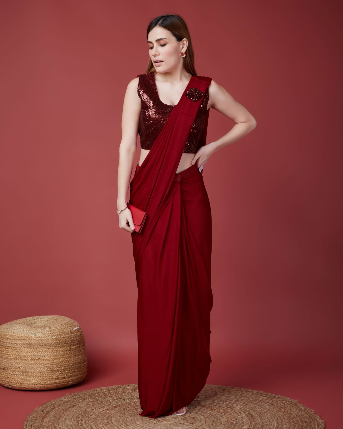 Red Colour Ready-to-Wear Saree with Embroidered Sequence Designer Blouse