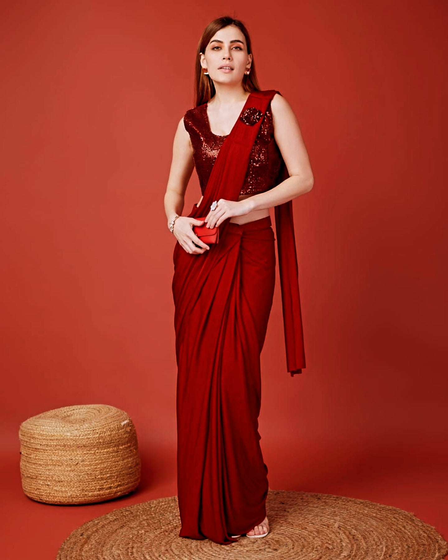 Red Colour Ready-to-Wear Saree with Embroidered Sequence Designer Blouse