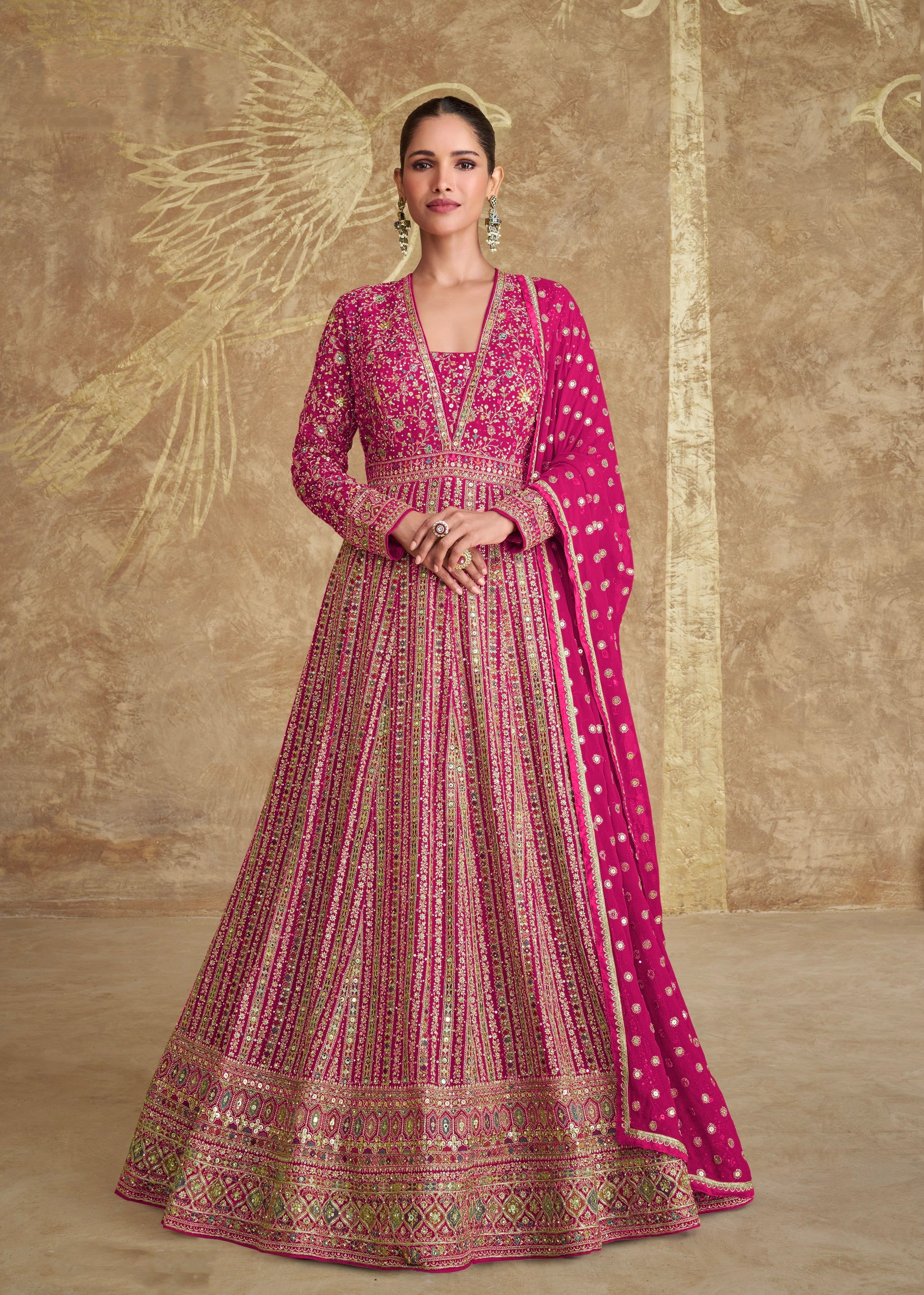 Pink Embroidered Georgette Anarkali with Embroidered Dupatta