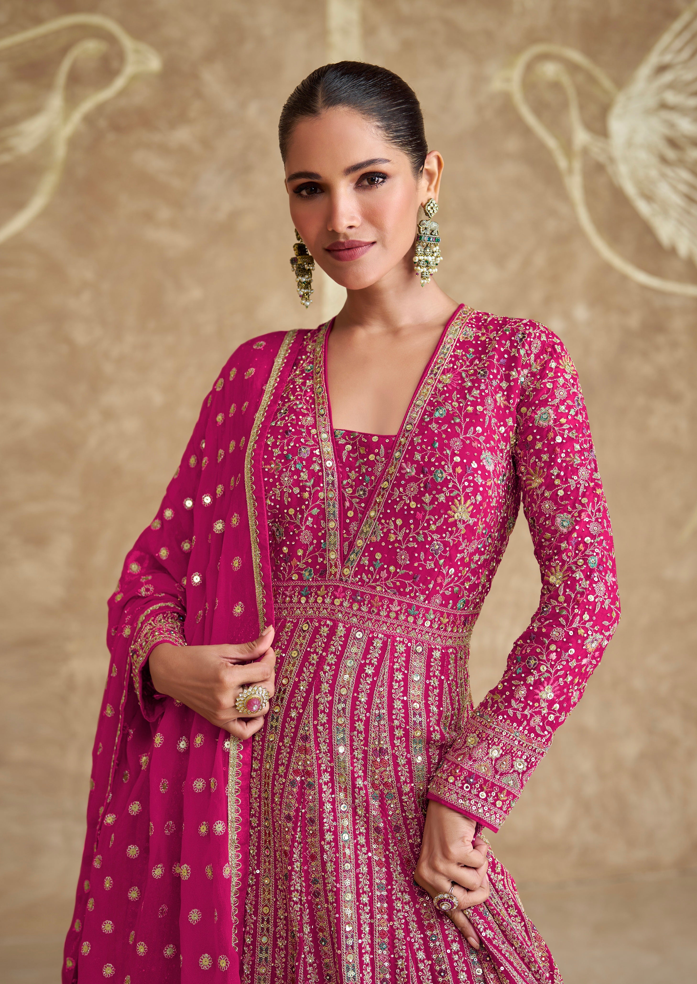 Pink Embroidered Georgette Anarkali with Embroidered Dupatta