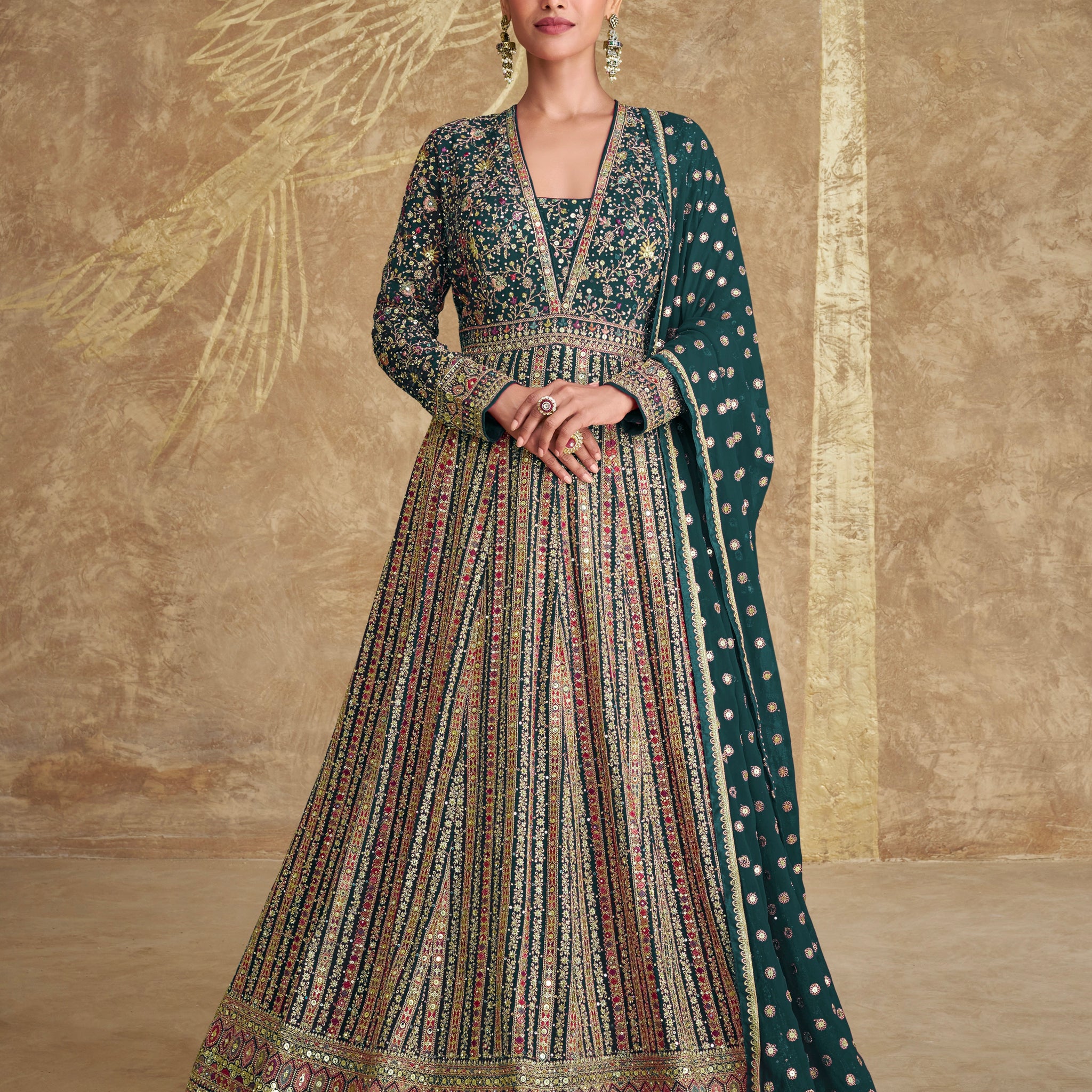 Green Embroidered Georgette Anarkali with Embroidered Dupatta