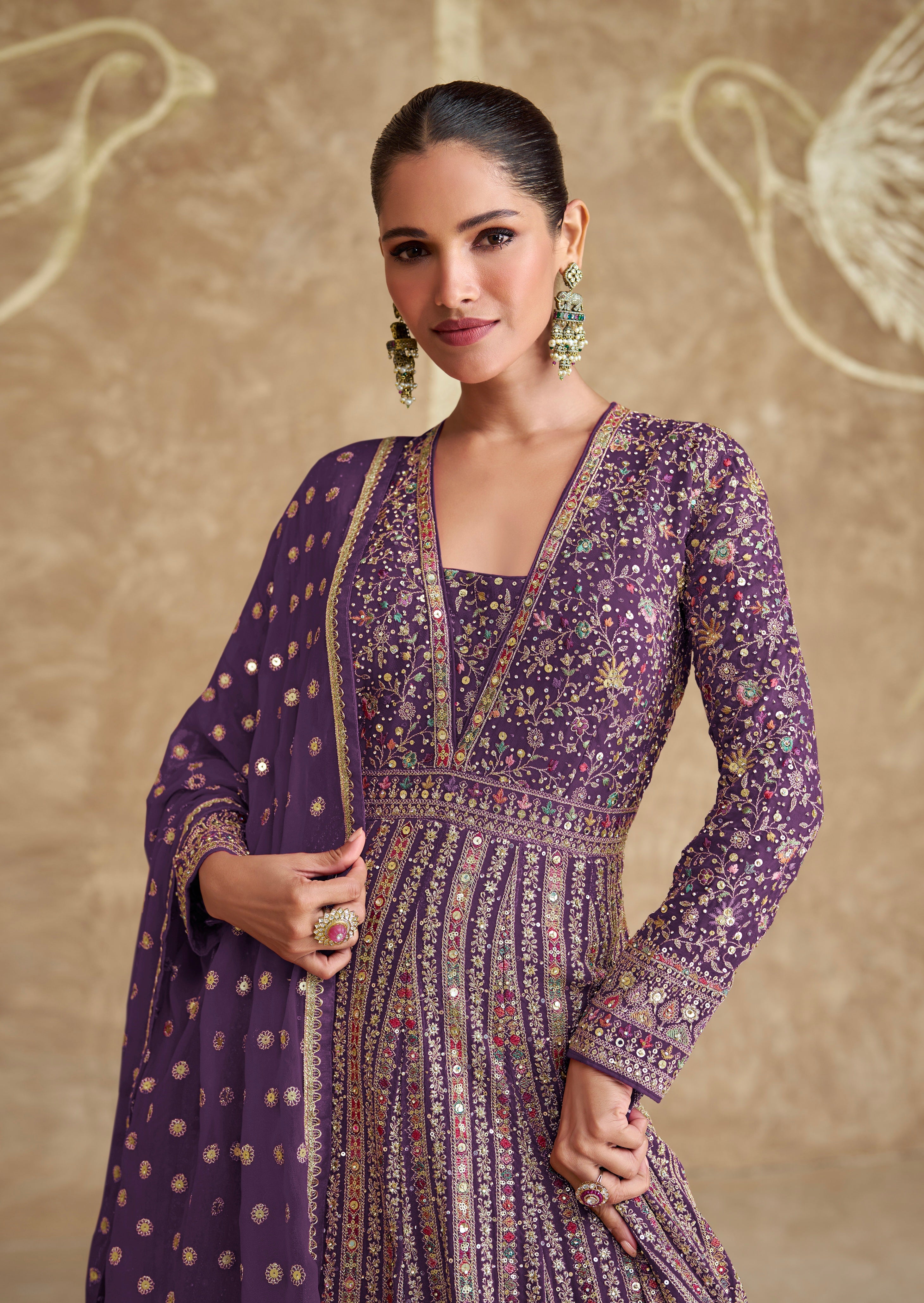 Purple Embroidered Georgette Anarkali with Embroidered Dupatta