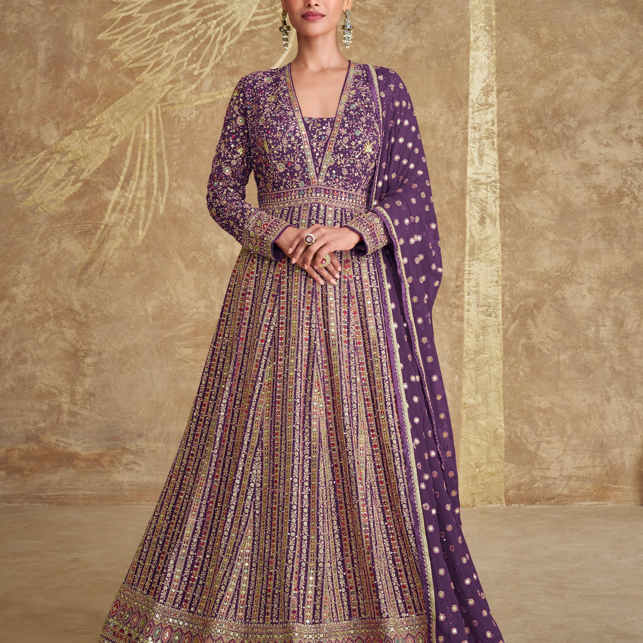 Purple Embroidered Georgette Anarkali with Embroidered Dupatta
