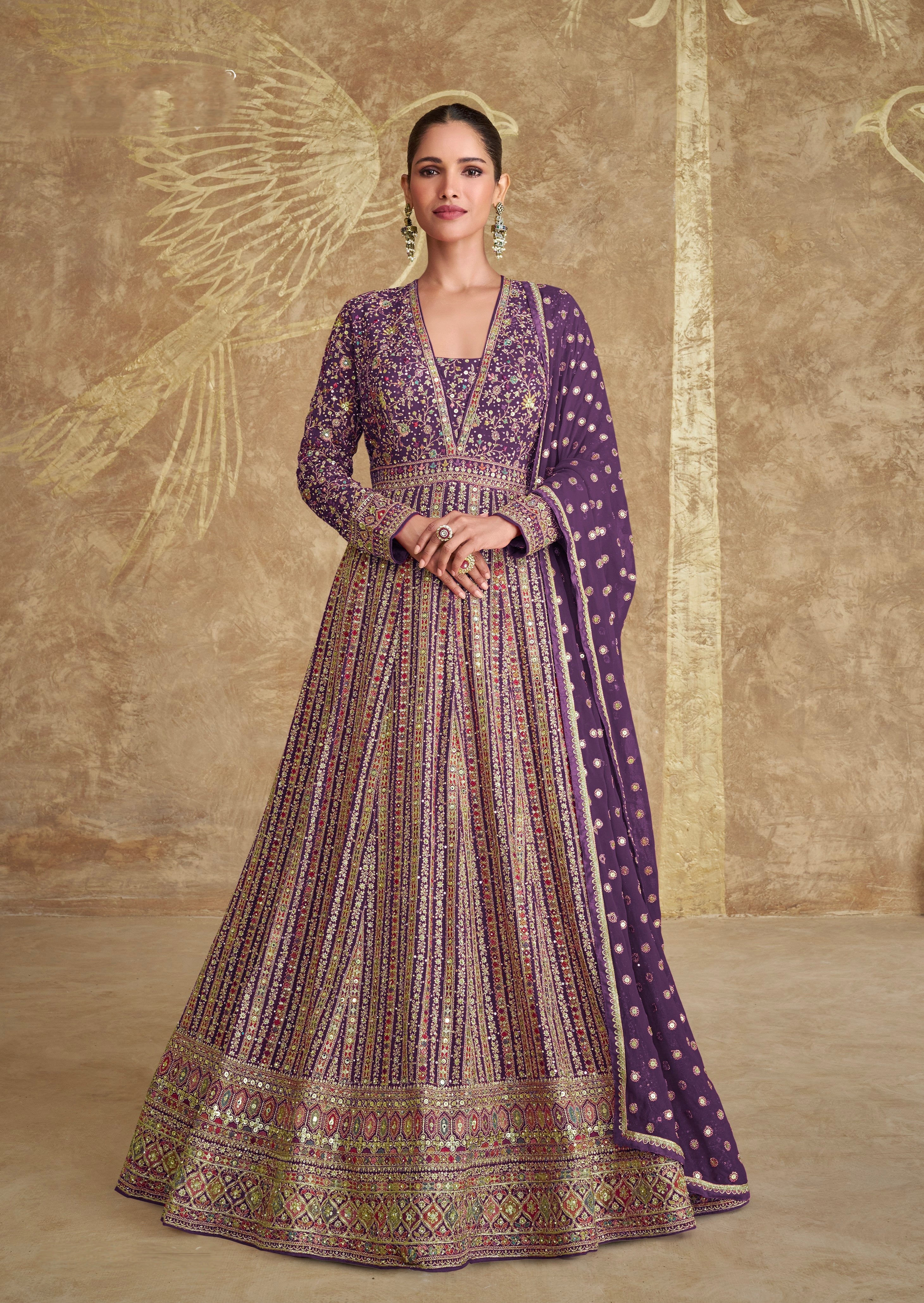 Purple Embroidered Georgette Anarkali with Embroidered Dupatta