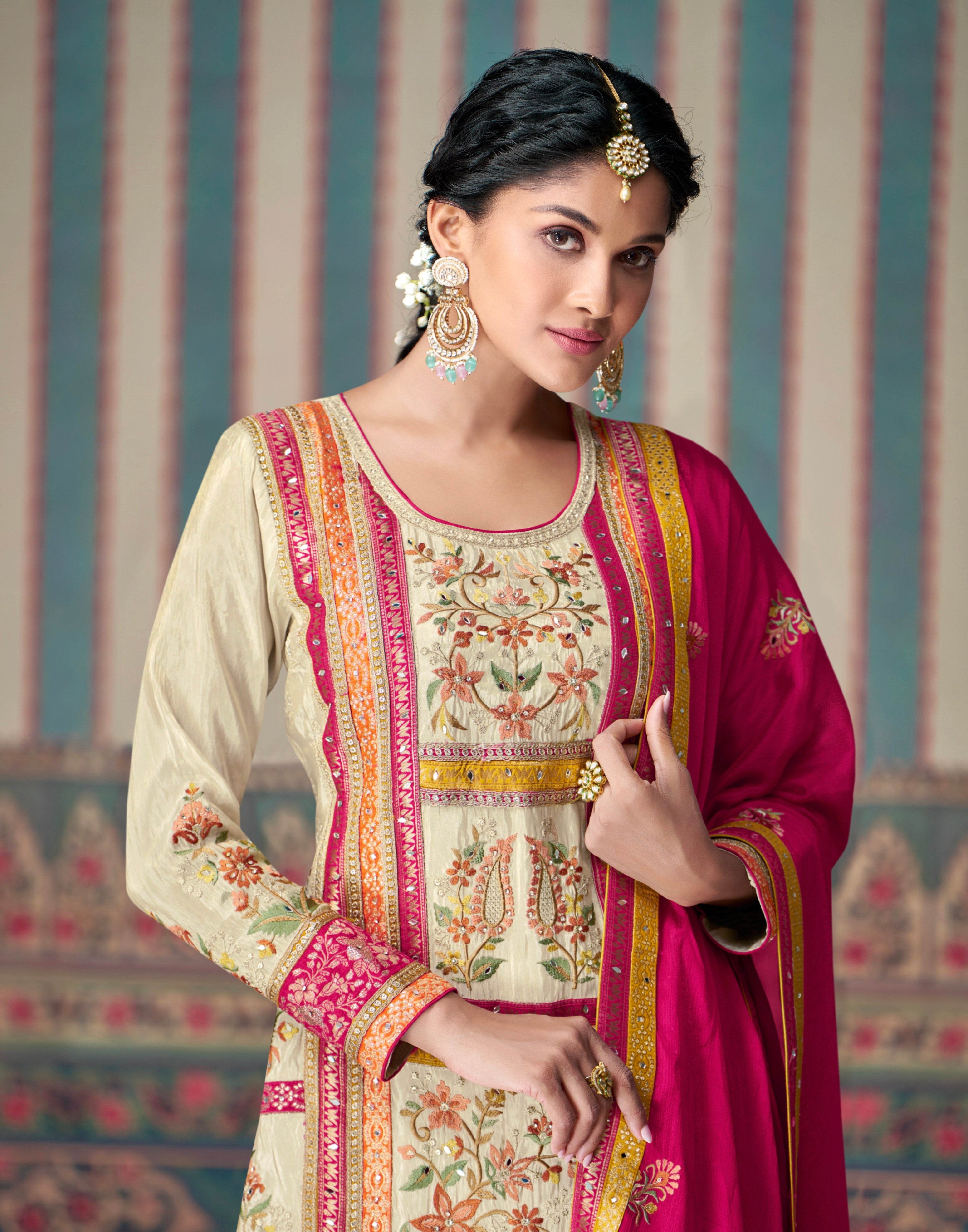 Pink and Cream Designer Palazzo Suit with Embroidered Dupatta