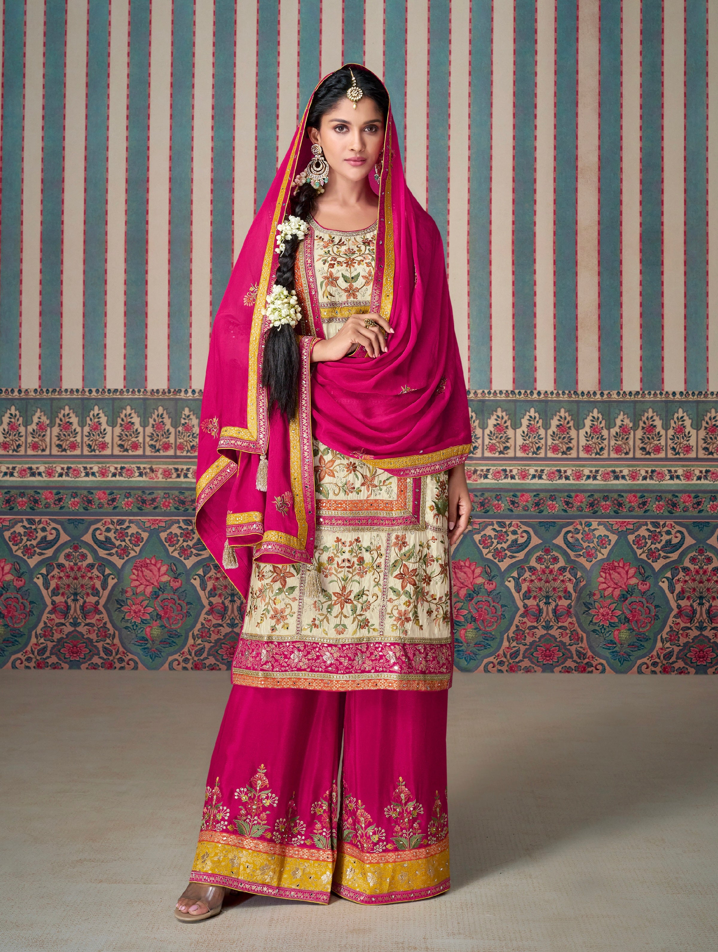 Pink and Cream Designer Palazzo Suit with Embroidered Dupatta