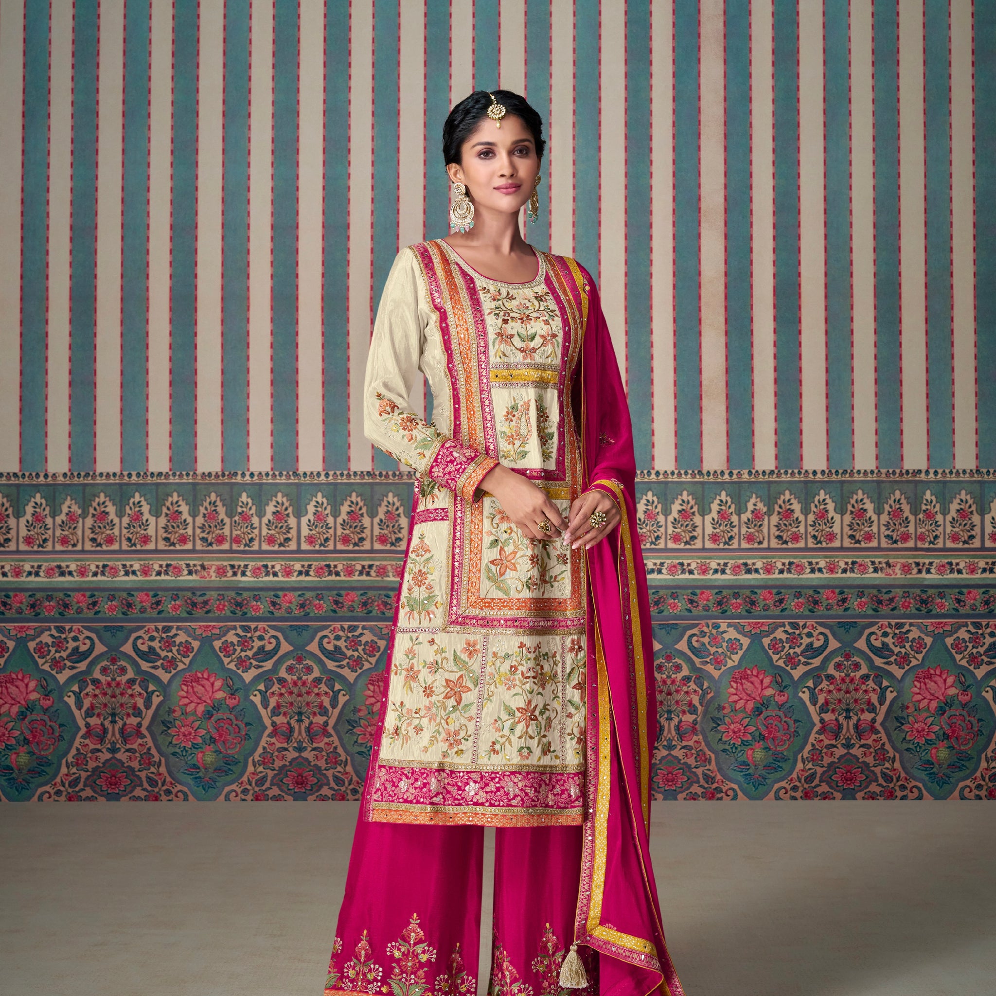 Pink and Cream Designer Palazzo Suit with Embroidered Dupatta