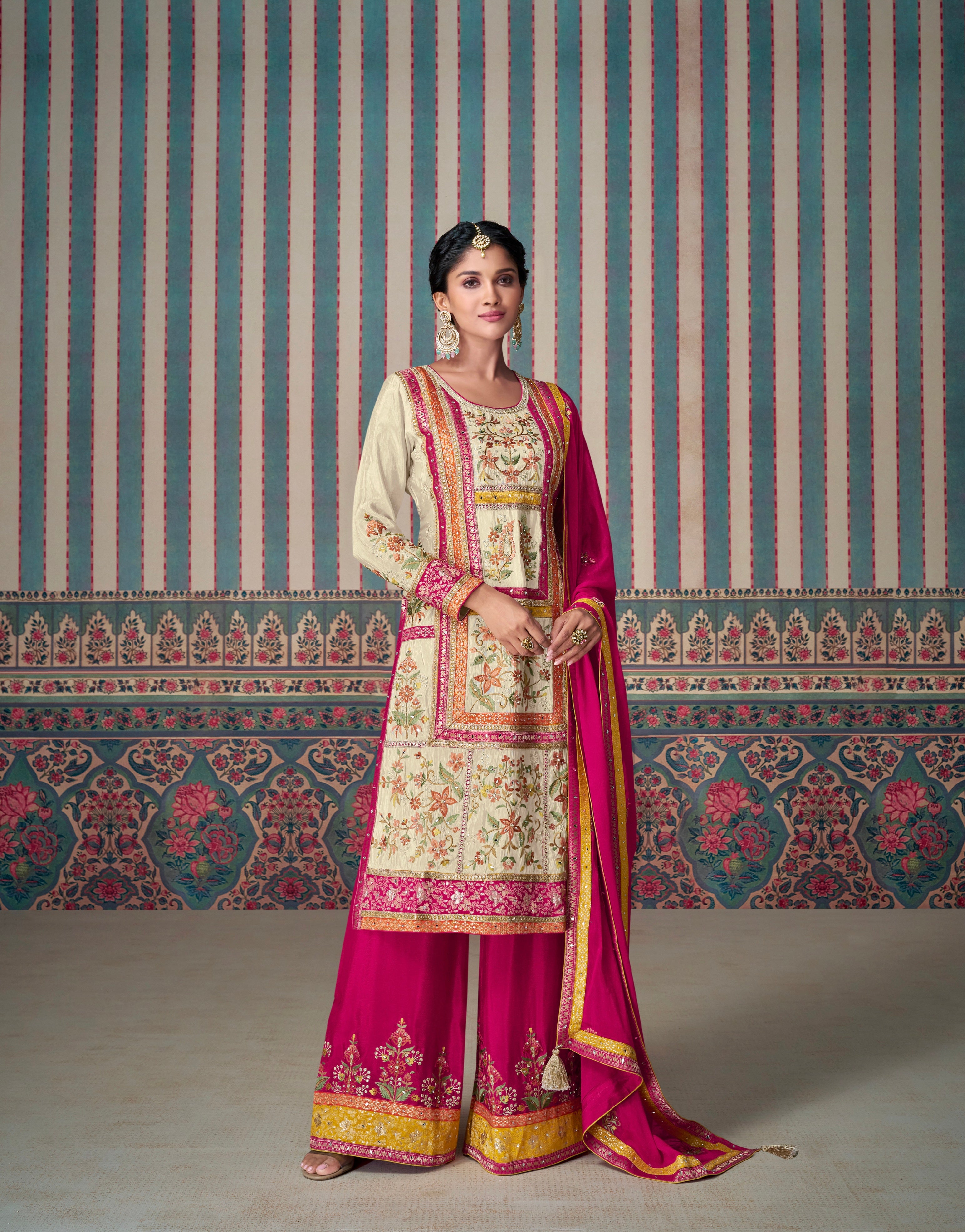 Pink and Cream Designer Palazzo Suit with Embroidered Dupatta