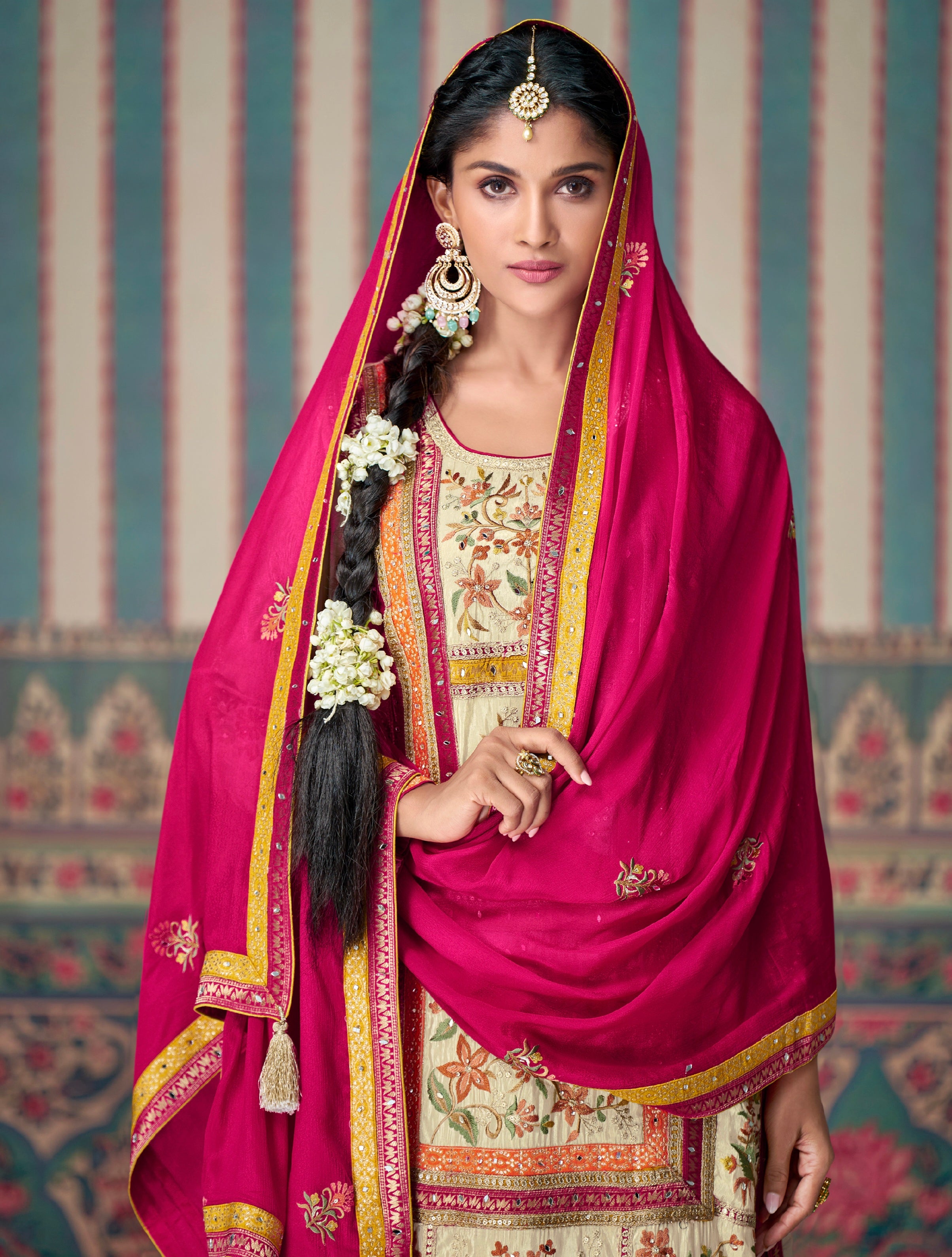 Pink and Cream Designer Palazzo Suit with Embroidered Dupatta