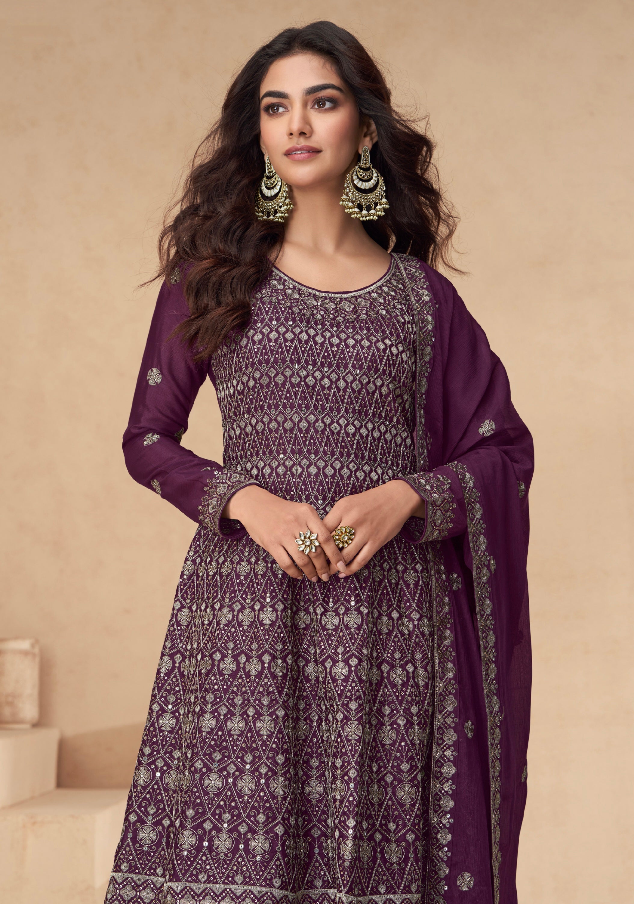 Purple Embroidered Chinnon Silk Palazzo Suit