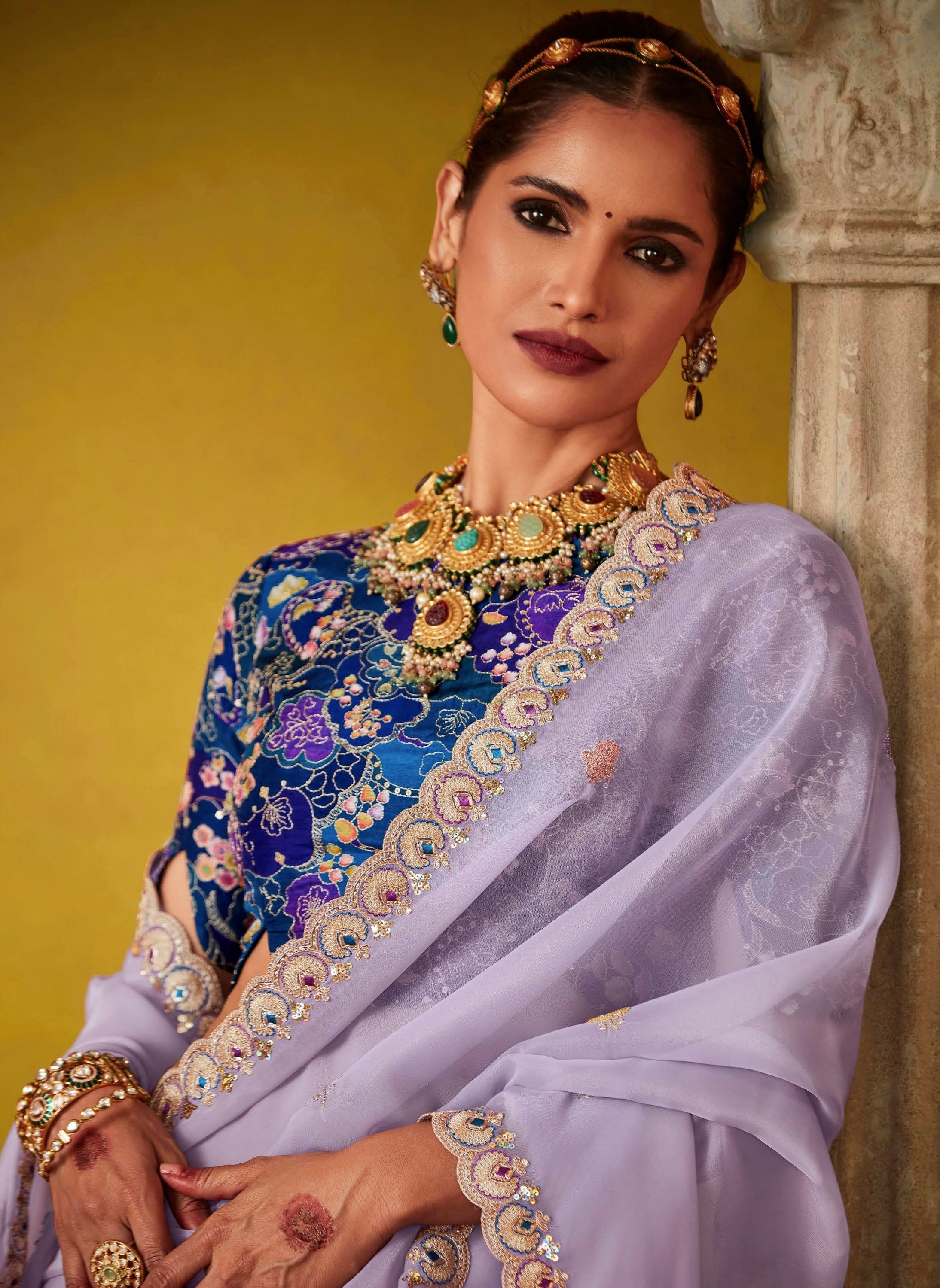 Lavender Glass Tissue Saree with Sequins Butti &amp; Digital Print Blouse