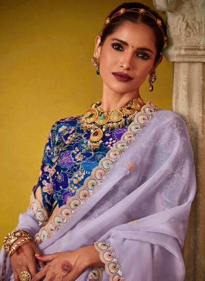 Lavender Glass Tissue Saree with Sequins Butti &amp; Digital Print Blouse