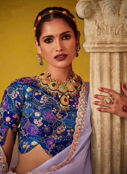 Lavender Glass Tissue Saree with Sequins Butti &amp; Digital Print Blouse