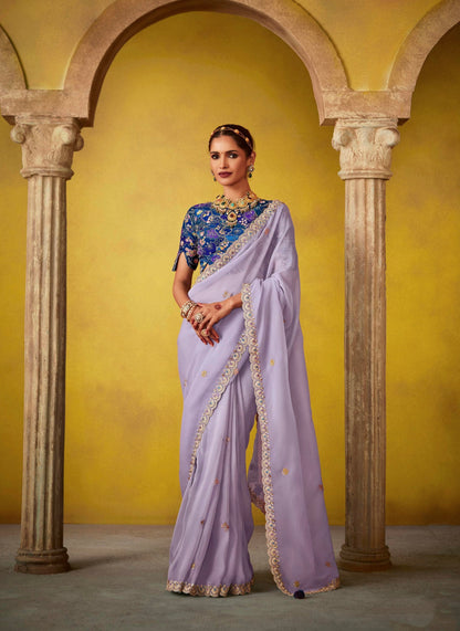 Lavender Glass Tissue Saree with Sequins Butti &amp; Digital Print Blouse