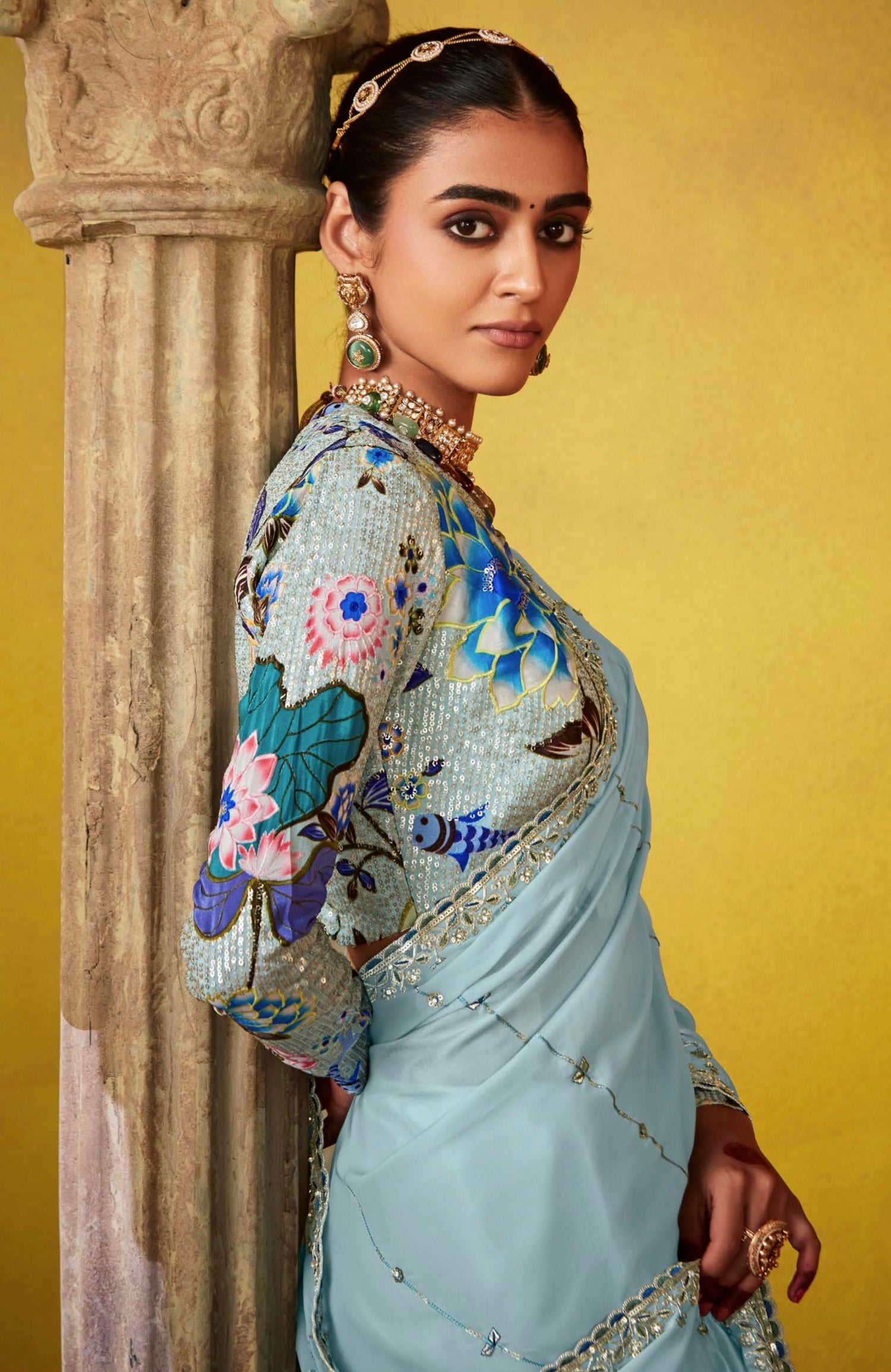 Sky Blue Glass Tissue Saree with Embroidery and Sequins