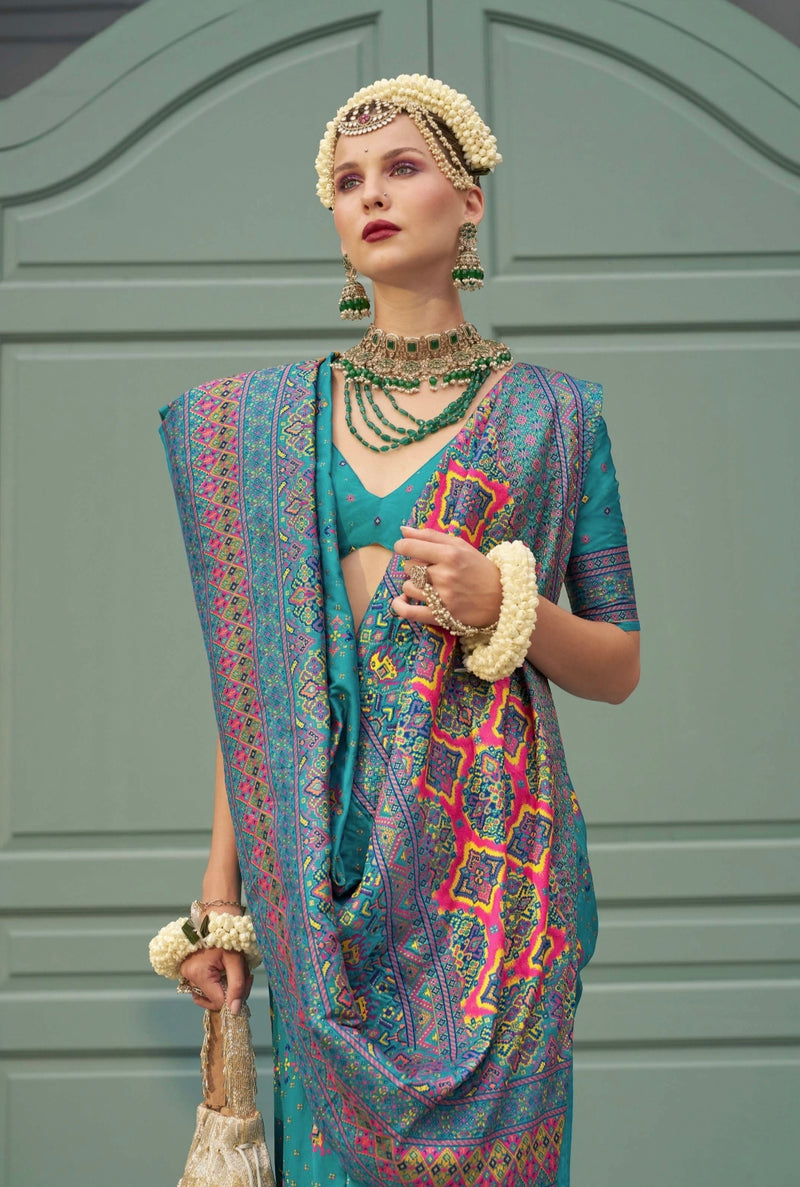 Teal Banarasi Silk Saree with Kashmiri Weaving and Meenakari Work