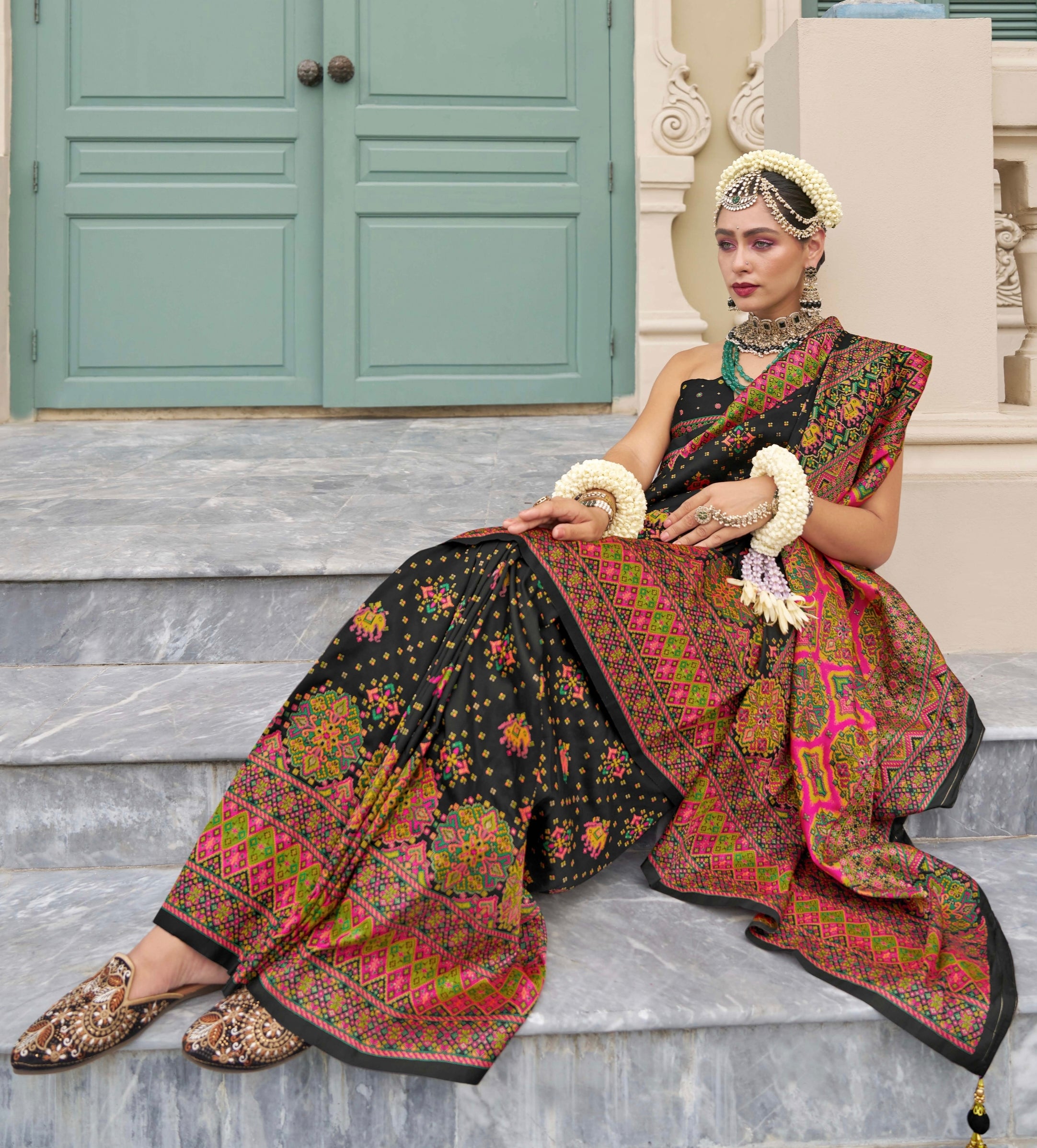 Black Banarasi Silk Saree with Kashmiri Weaving &amp; Meenakari Accents