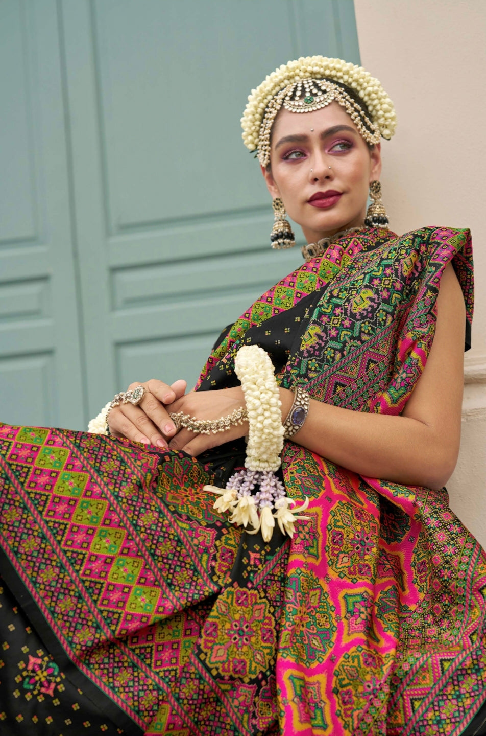Black Banarasi Silk Saree with Kashmiri Weaving &amp; Meenakari Accents