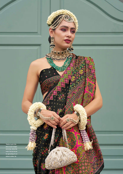 Black Banarasi Silk Saree with Kashmiri Weaving &amp; Meenakari Accents