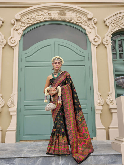 Black Banarasi Silk Saree with Kashmiri Weaving &amp; Meenakari Accents