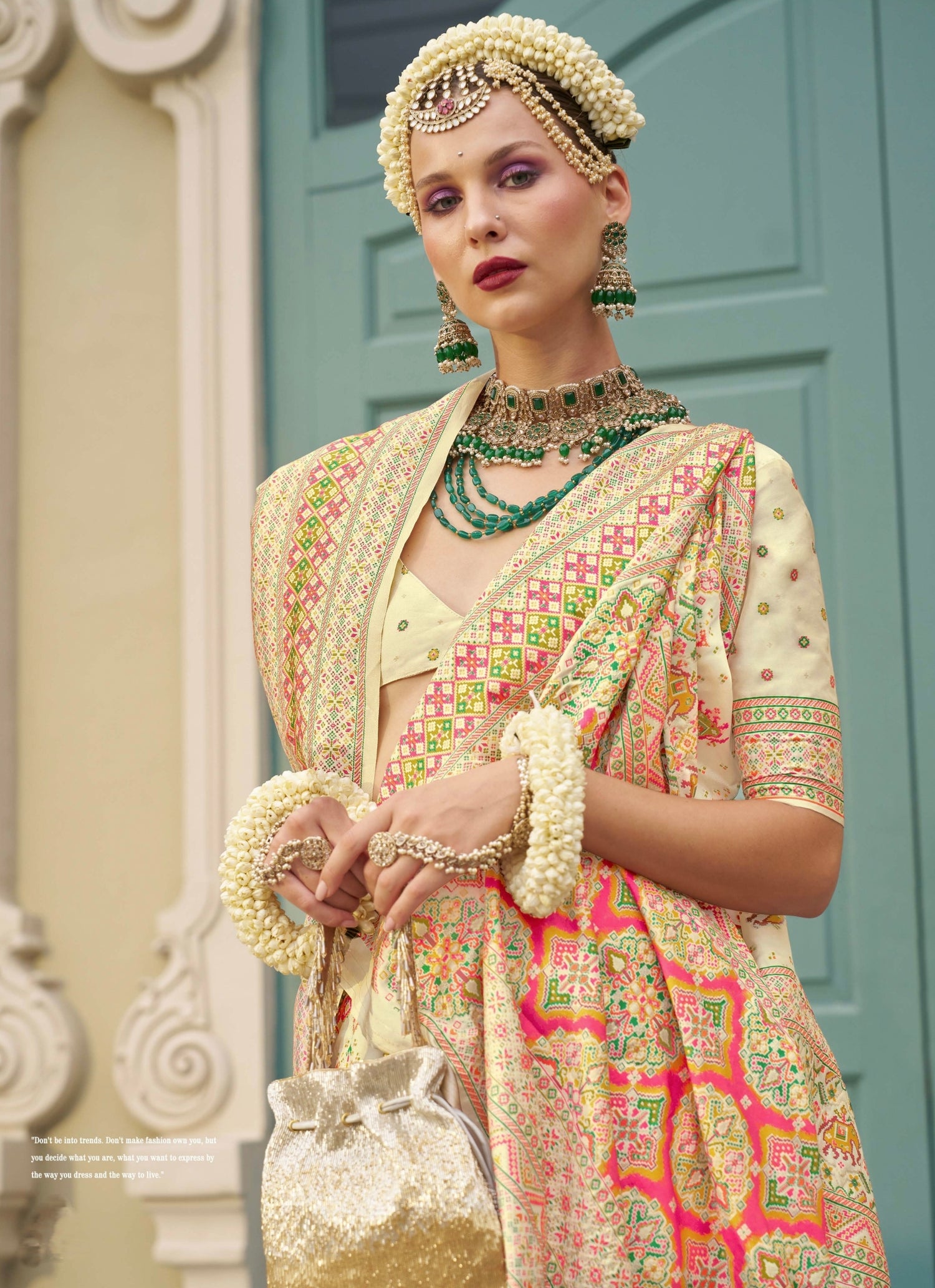 Cream Banarasi Silk Saree &amp; Kashmiri Weaving &amp; Meenakari Embellishment