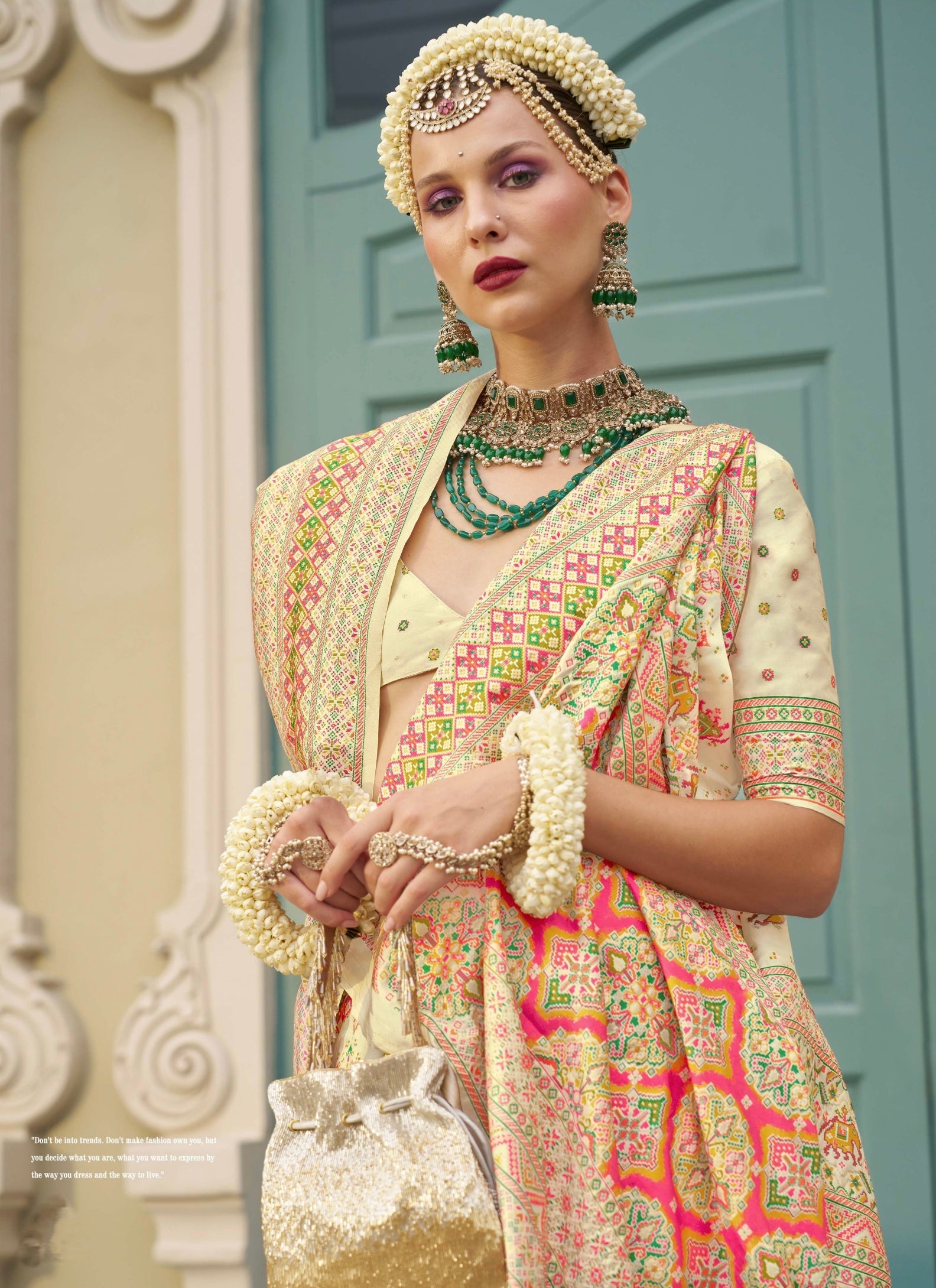 Cream Banarasi Silk Saree &amp; Kashmiri Weaving &amp; Meenakari Embellishment