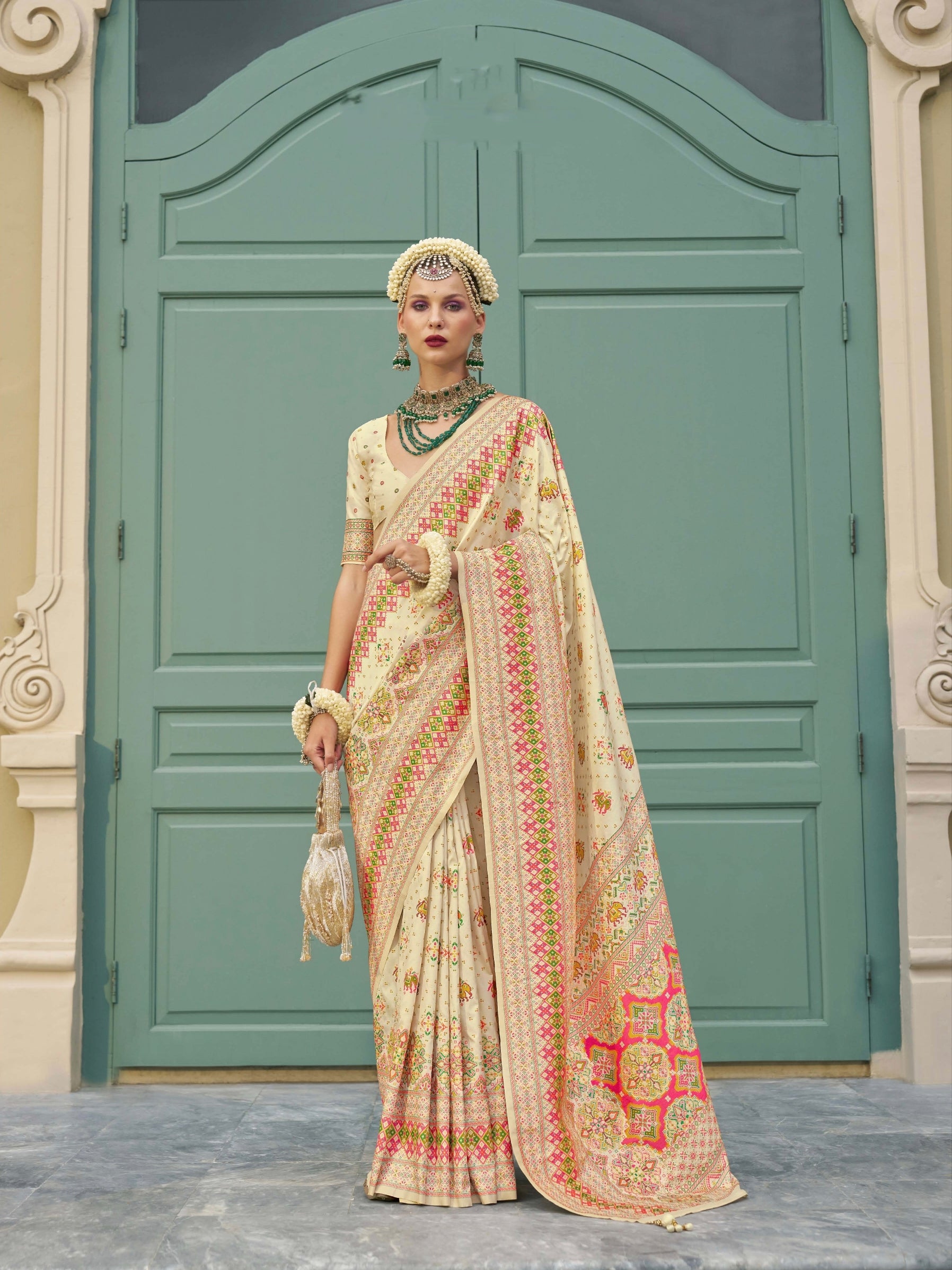 Cream Banarasi Silk Saree &amp; Kashmiri Weaving &amp; Meenakari Embellishment