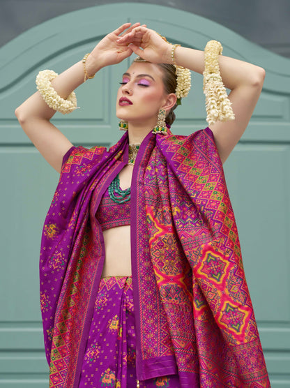 Purple Banarasi Silk Saree &amp; Kashmiri Weaving &amp; Multicolor Meenakari