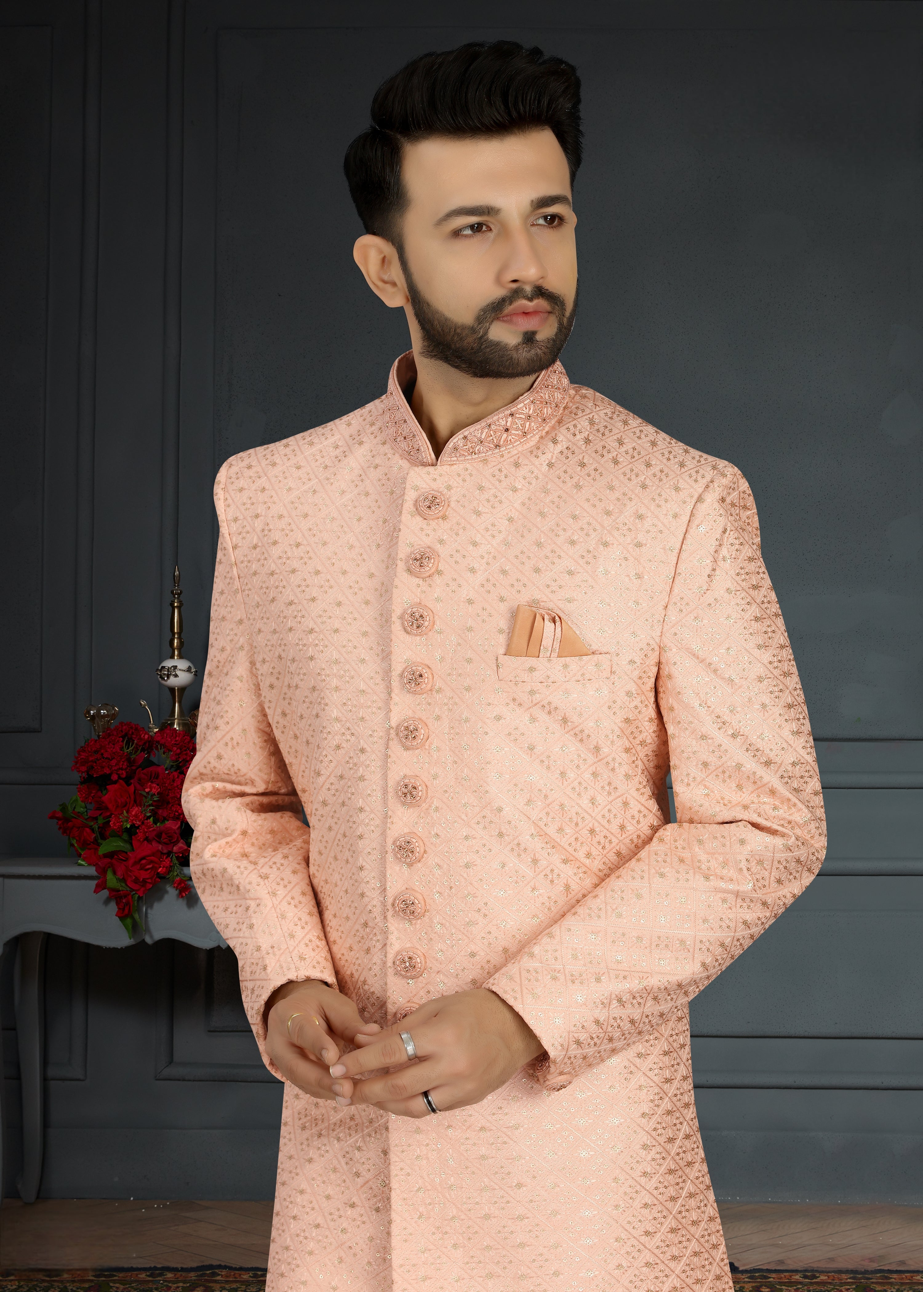 Peach Jacquard Silk Sherwani with Hand Embroidery and Sequins Work