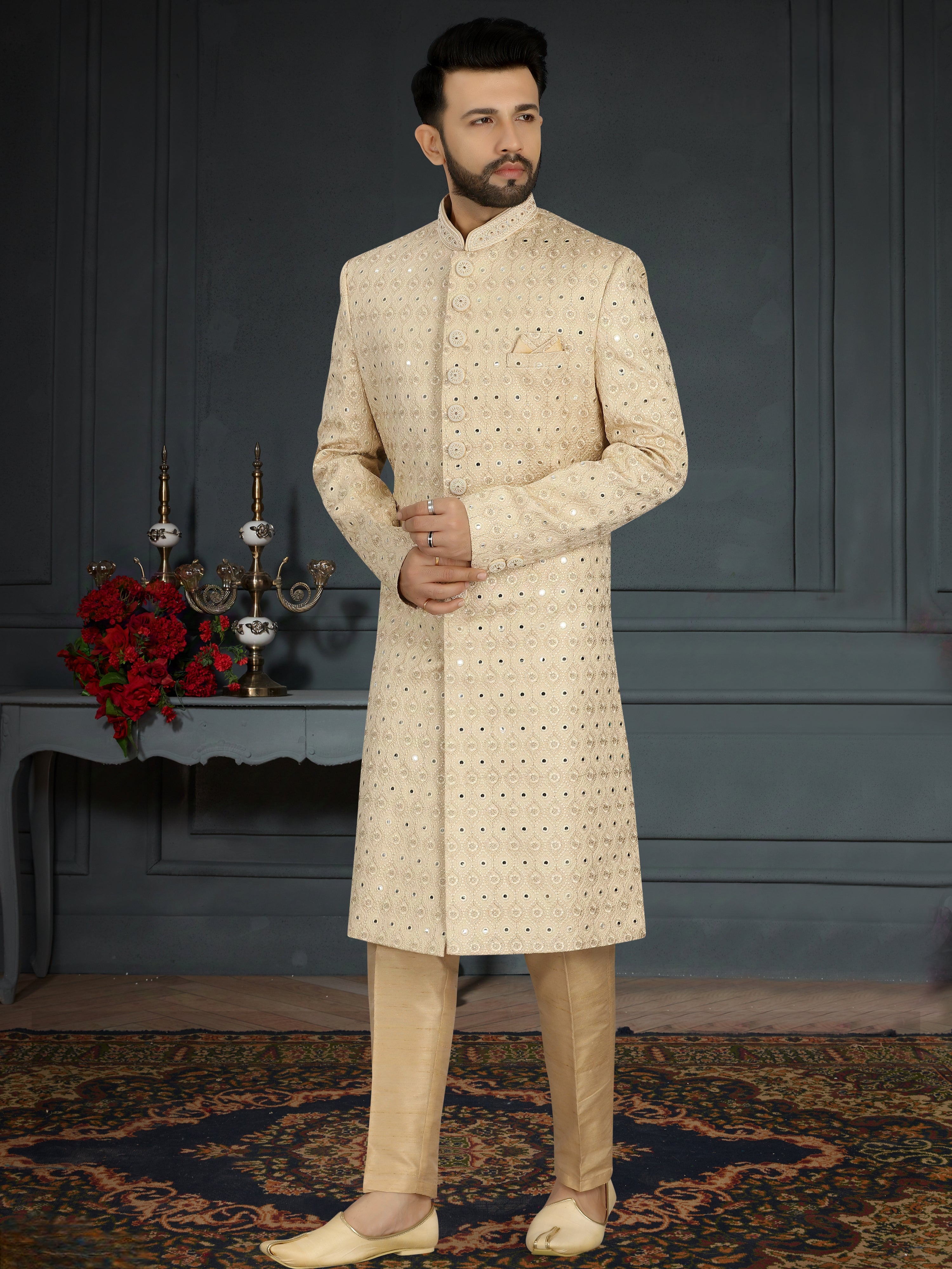 Ivory Jacquard Silk Sherwani with Embroidery and Sequins Detailing