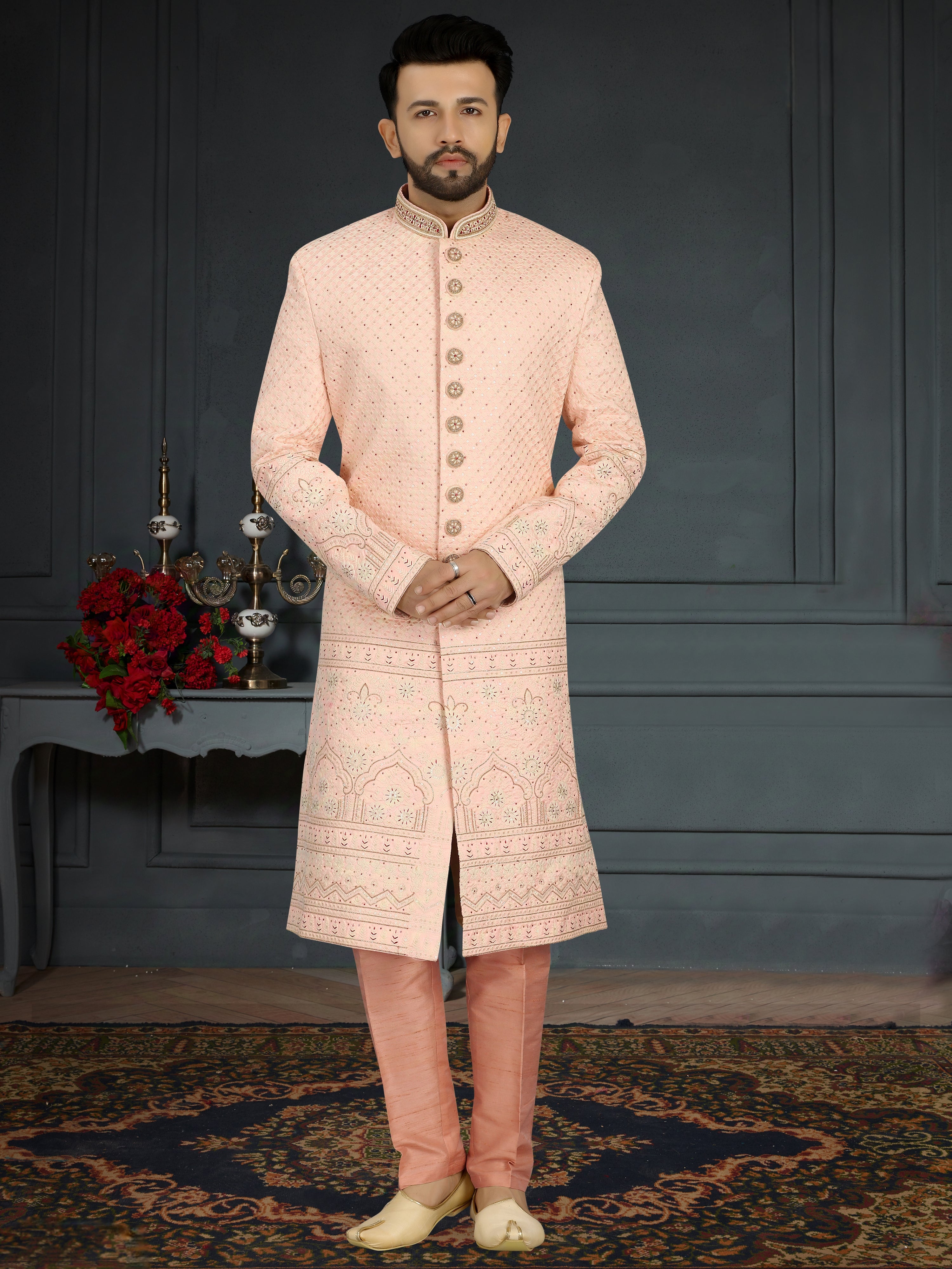 Pink Jacquard Silk Sherwani with Hand Embroidery and Sequins Detailing