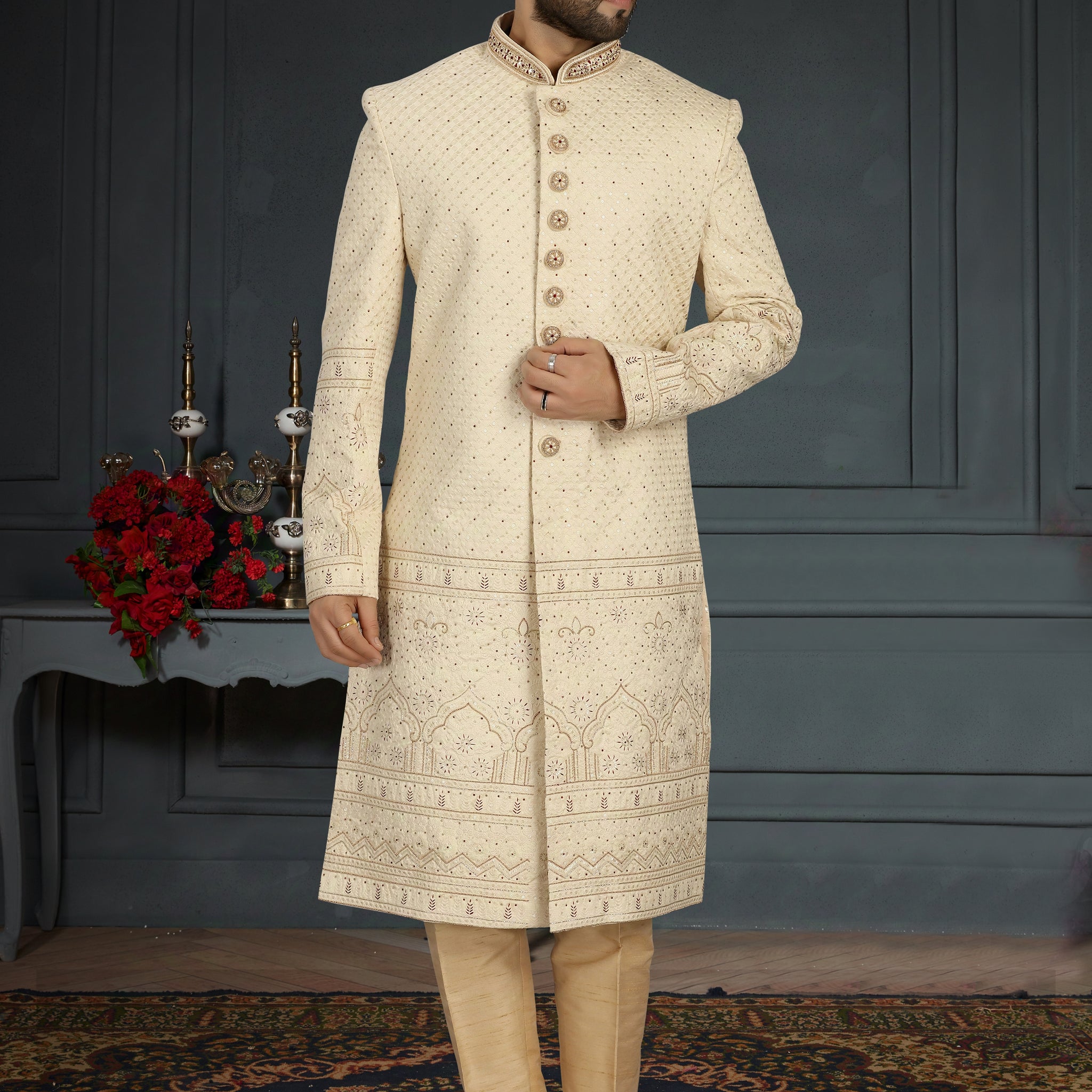 Beige Jacquard Silk Sherwani with Hand Embroidery and Sequins Work