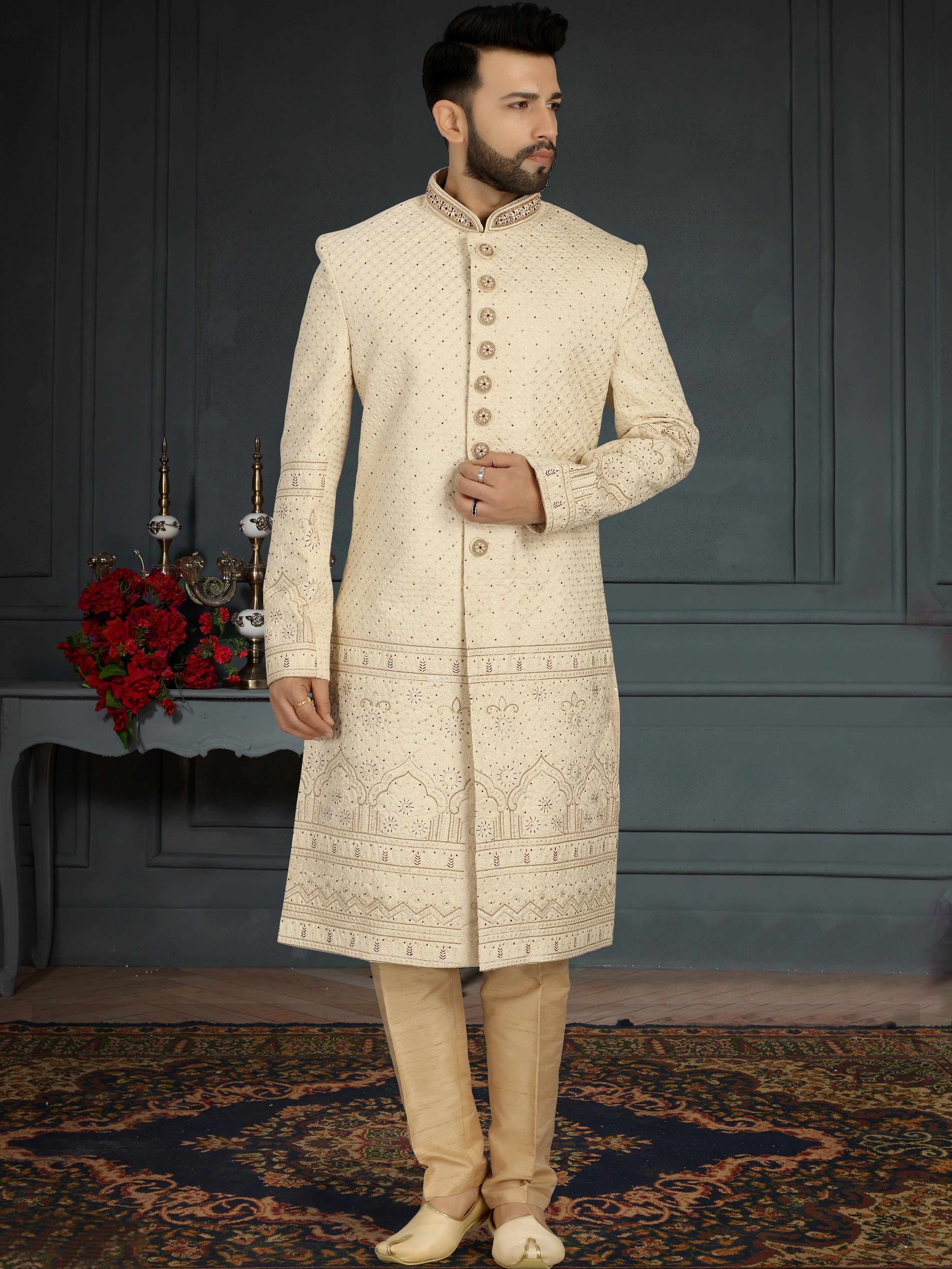 Beige Jacquard Silk Sherwani with Hand Embroidery and Sequins Work