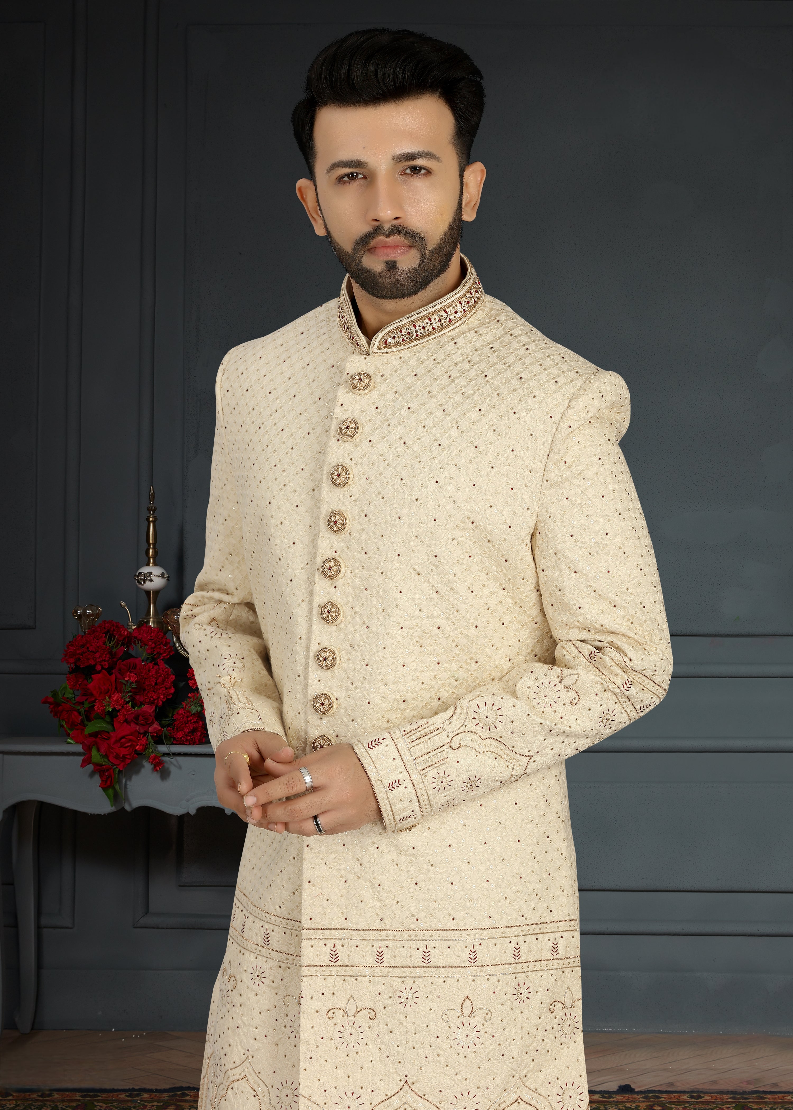 Beige Jacquard Silk Sherwani with Hand Embroidery and Sequins Work