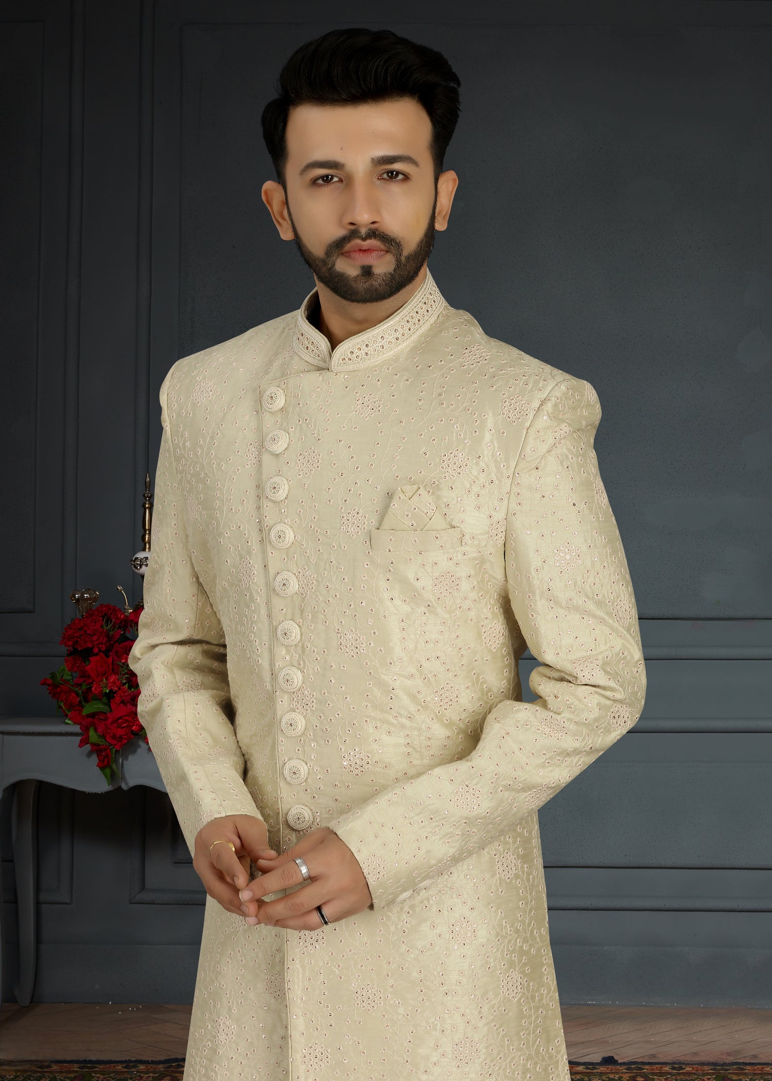 Cream Jacquard Silk Sherwani with Hand Embroidery &amp; Sequins Detailing