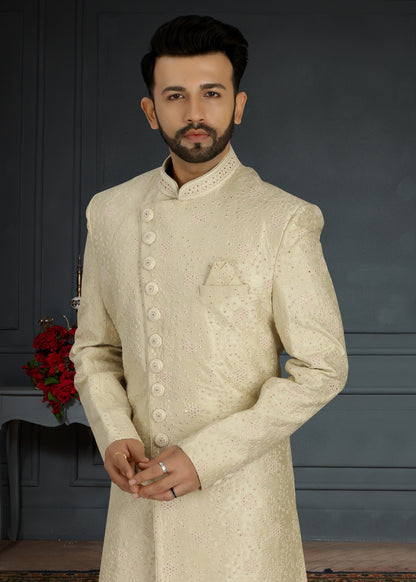 Cream Jacquard Silk Sherwani with Hand Embroidery &amp; Sequins Detailing