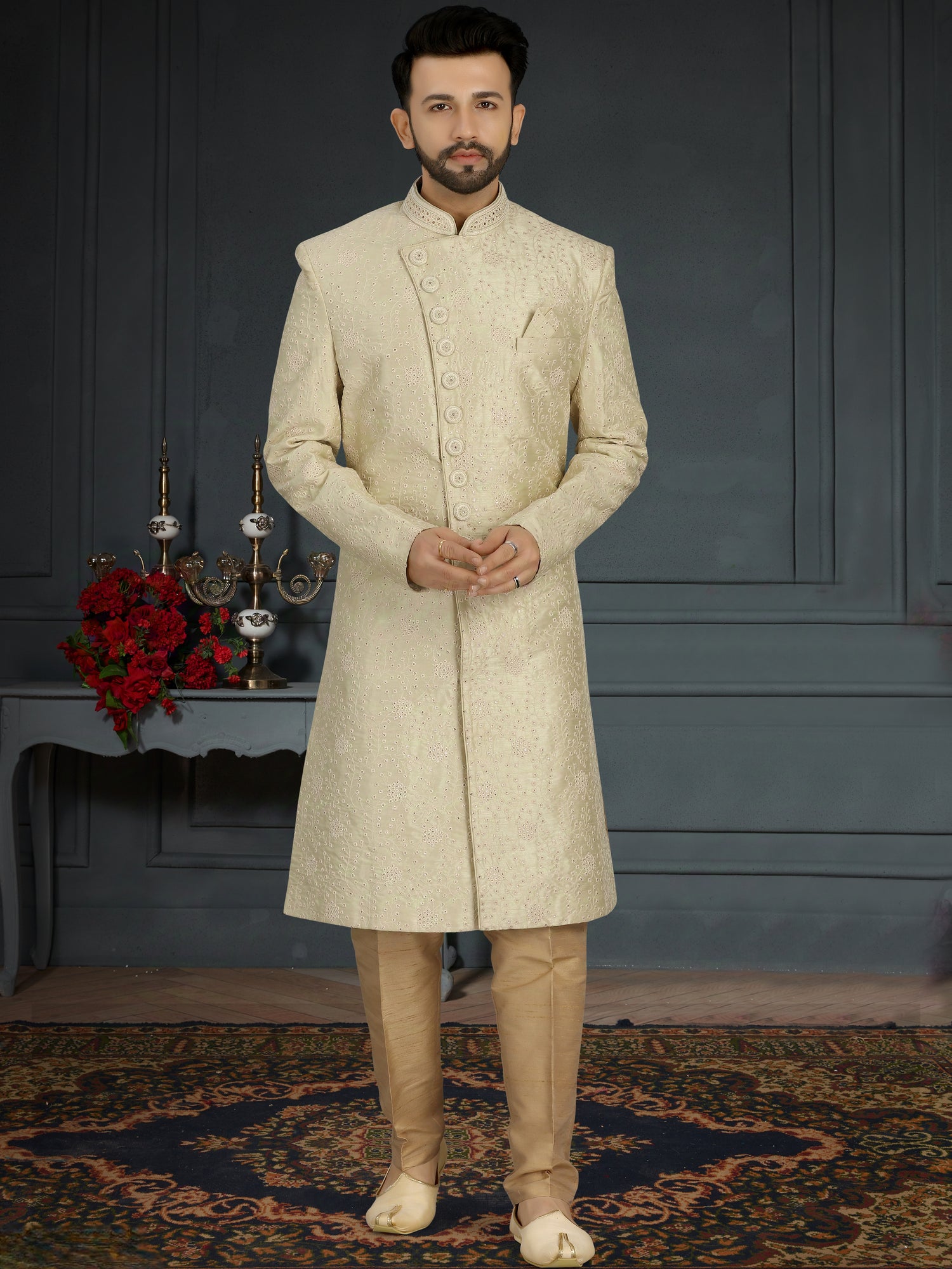 Cream Jacquard Silk Sherwani with Hand Embroidery &amp; Sequins Detailing