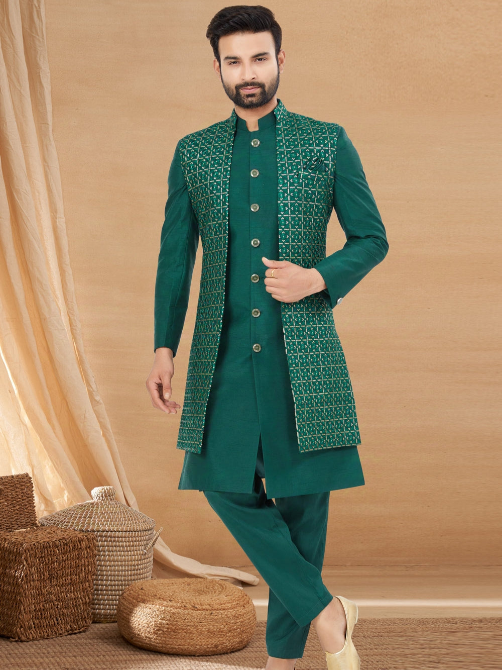 Dark Green Indo Western Jacket Kurta Set with Mirror &amp; Sequins Work