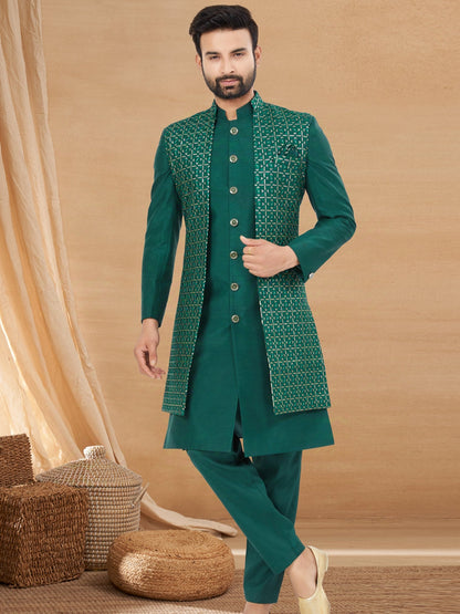 Dark Green Indo Western Jacket Kurta Set with Mirror &amp; Sequins Work