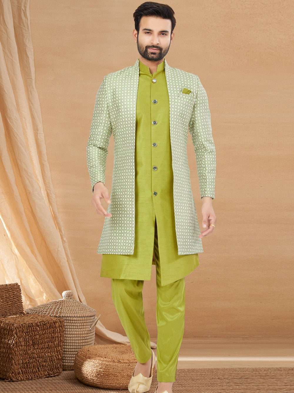 Lime Green Indo Western Jacket Kurta Set with Mirror &amp; Sequins Work