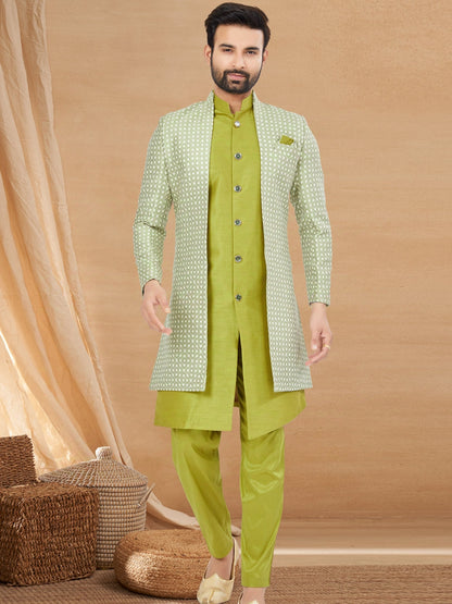 Lime Green Indo Western Jacket Kurta Set with Mirror &amp; Sequins Work