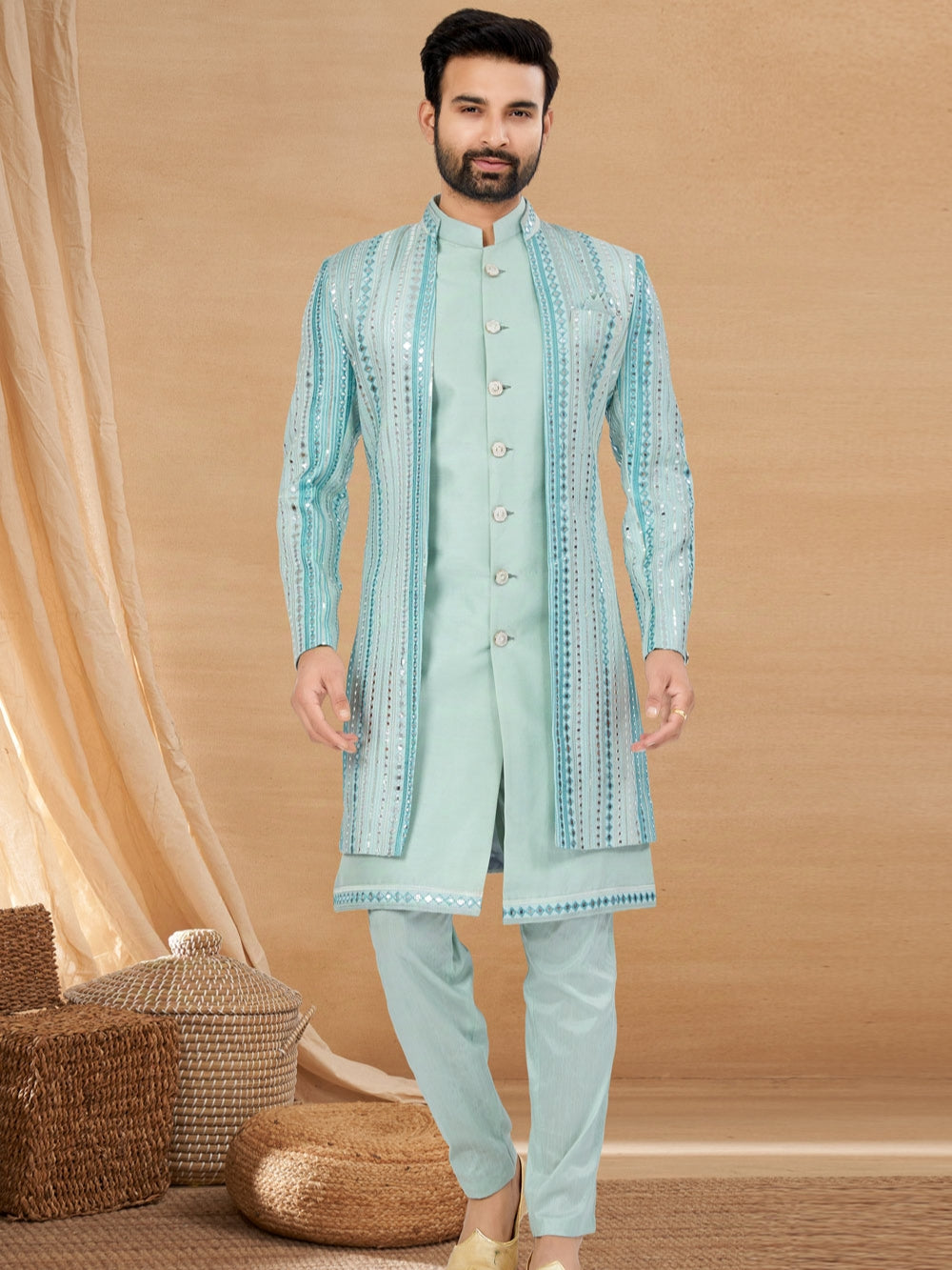 Sky Blue Indo Western Jacket Kurta Set with Mirror &amp; Sequins Work