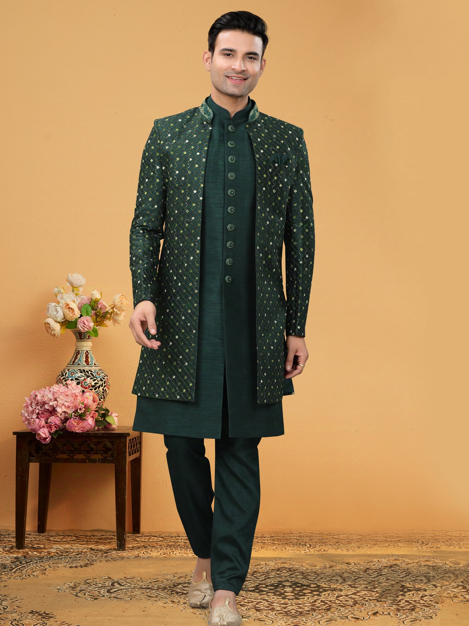dark green indo western dress Dark Green Lucknowi Indo Western Kurta with Embroidered Jacket S-36